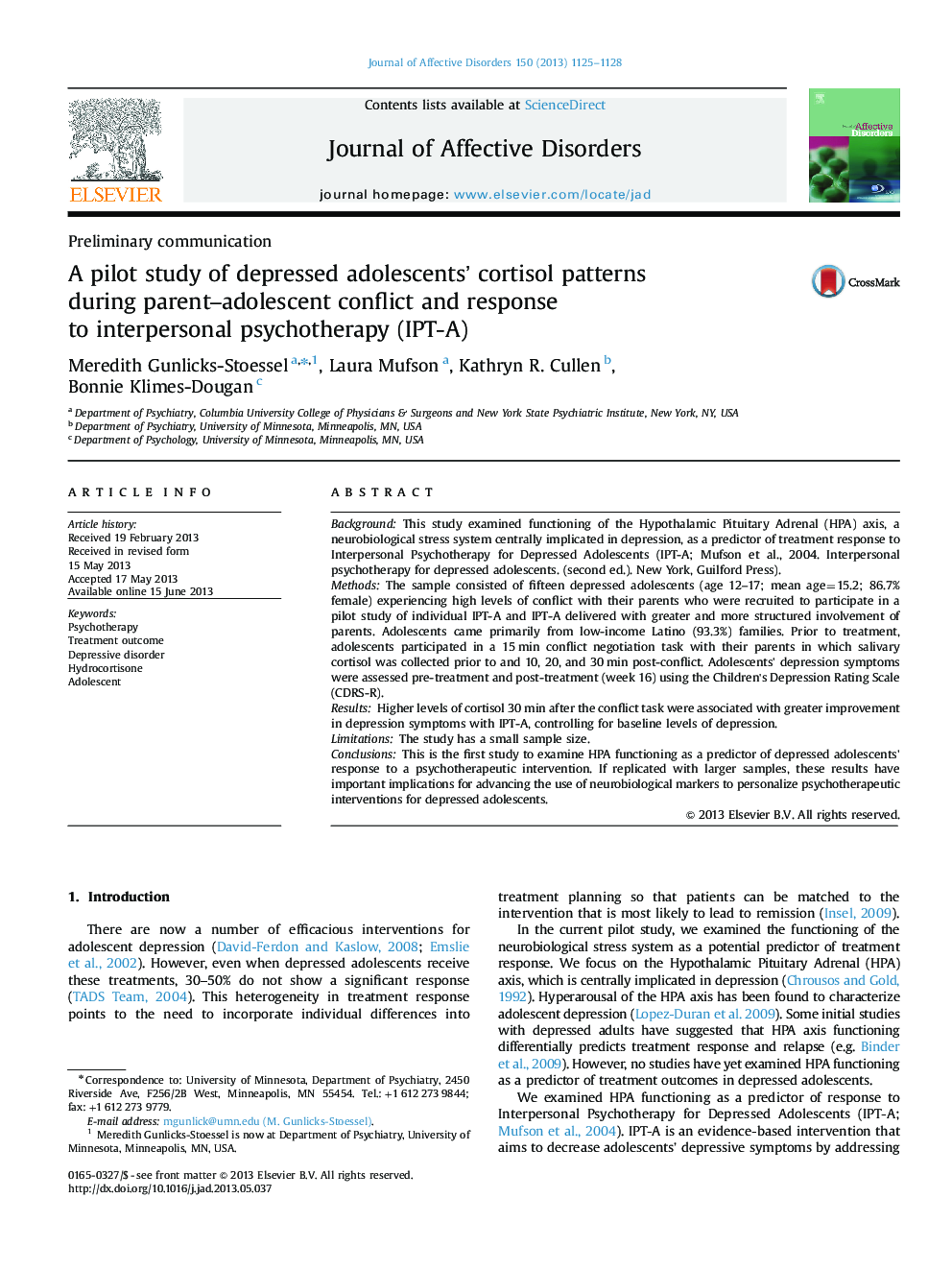 A pilot study of depressed adolescents' cortisol patterns during parent-adolescent conflict and response to interpersonal psychotherapy (IPT-A)