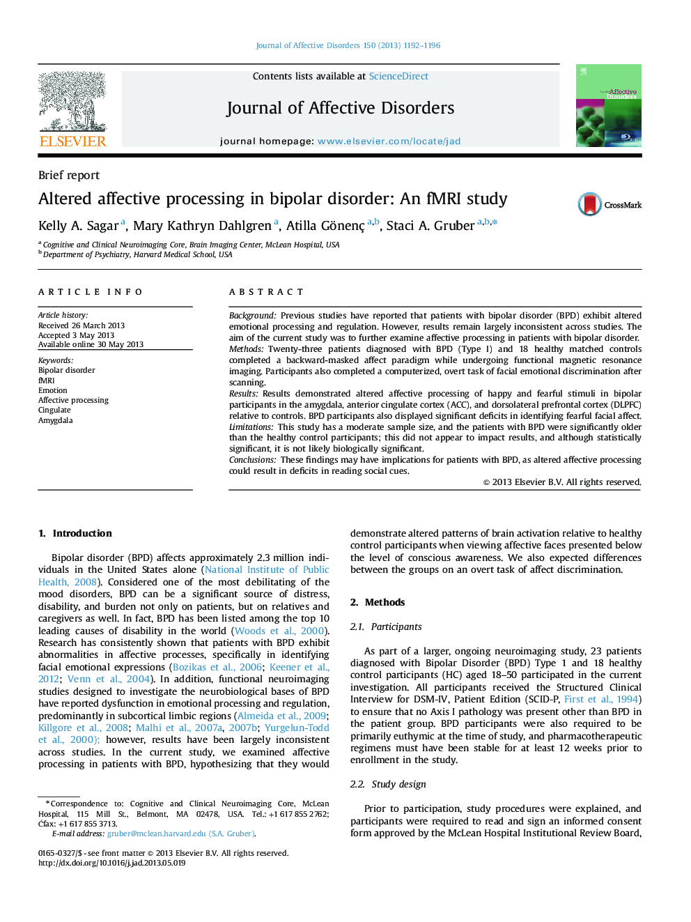 Altered affective processing in bipolar disorder: An fMRI study