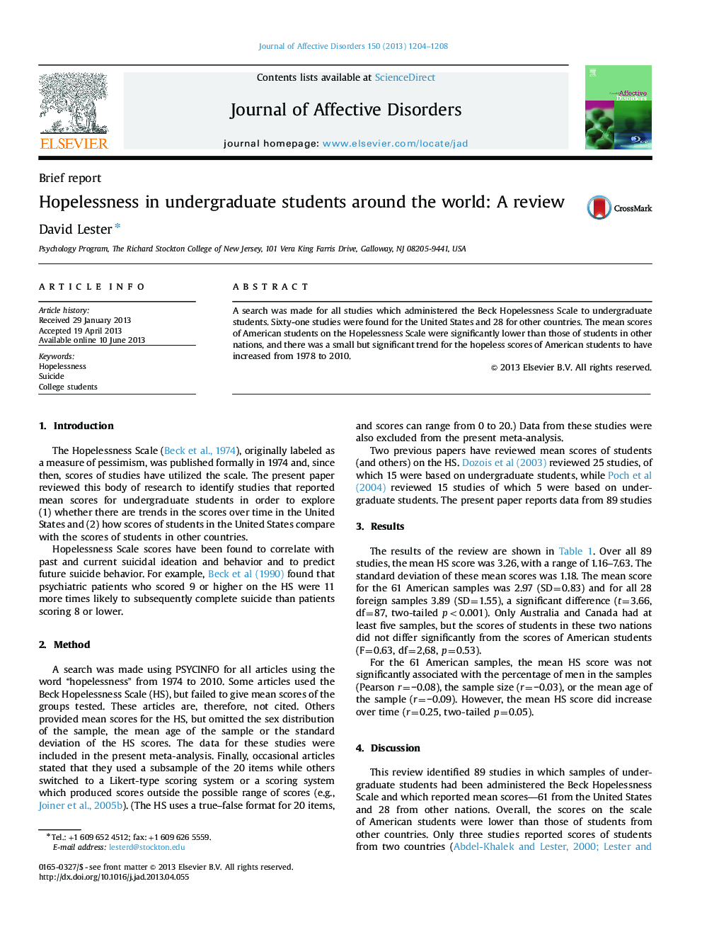 Hopelessness in undergraduate students around the world: A review