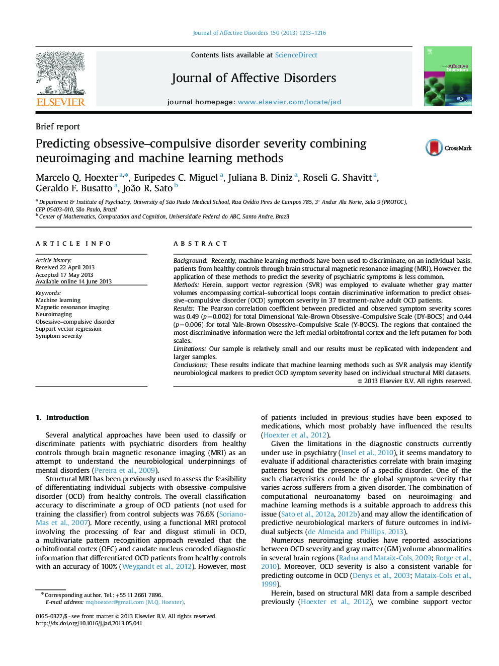 Predicting obsessive-compulsive disorder severity combining neuroimaging and machine learning methods