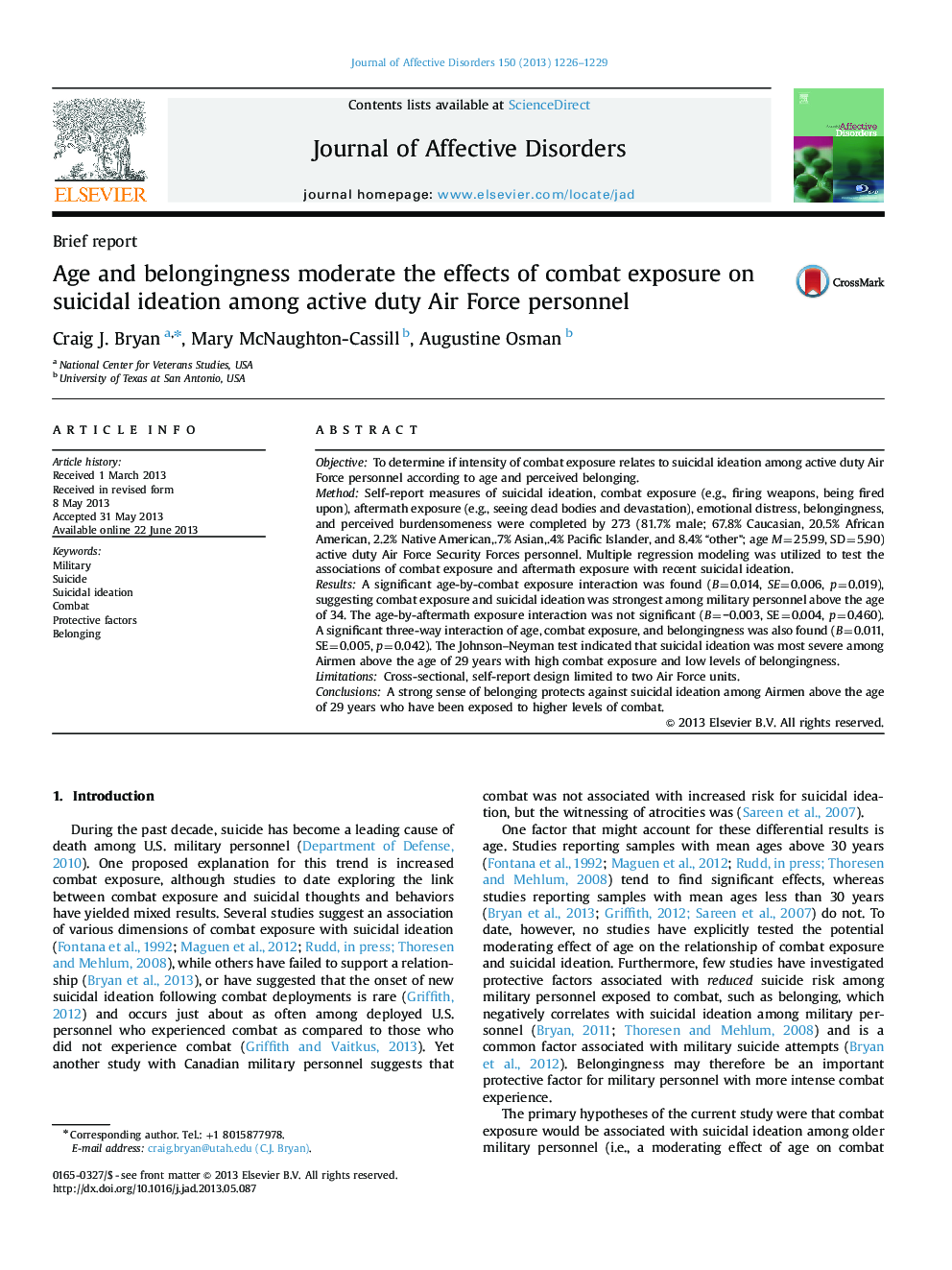 Age and belongingness moderate the effects of combat exposure on suicidal ideation among active duty Air Force personnel