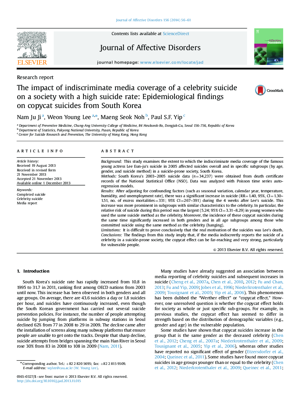 The impact of indiscriminate media coverage of a celebrity suicide on a society with a high suicide rate: Epidemiological findings on copycat suicides from South Korea