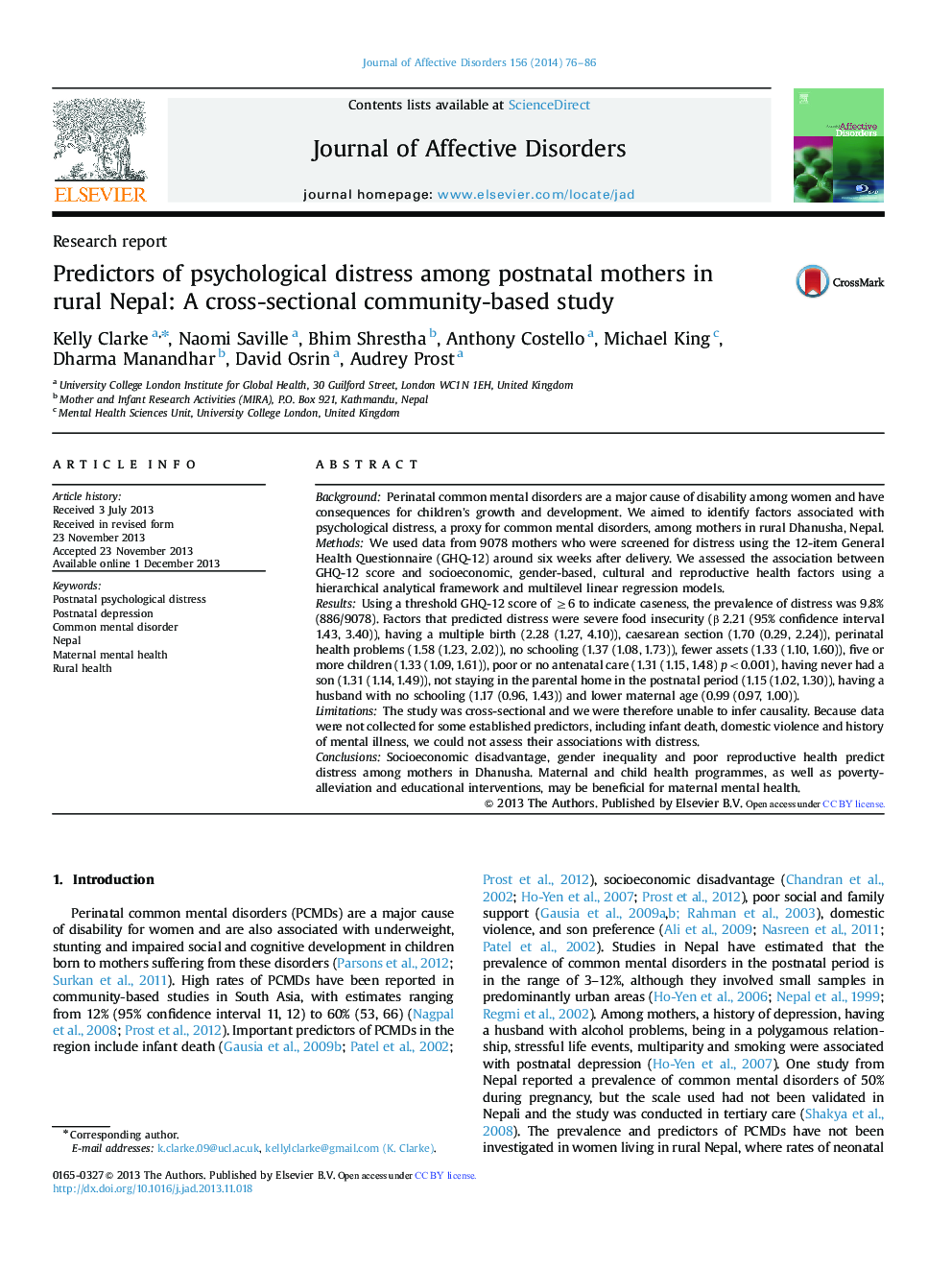 Predictors of psychological distress among postnatal mothers in rural Nepal: A cross-sectional community-based study