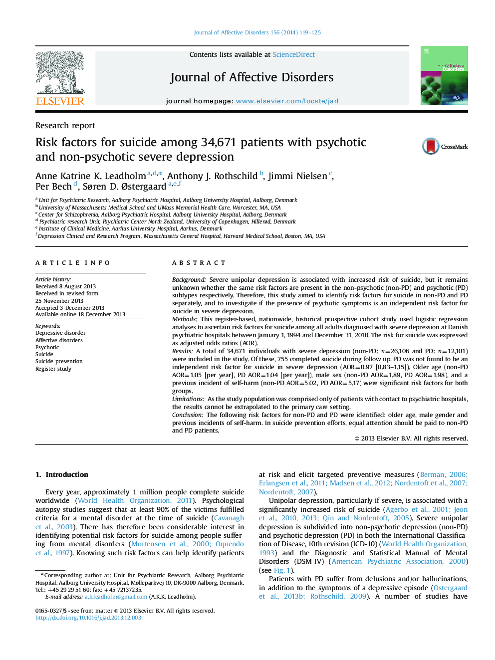 Risk factors for suicide among 34,671 patients with psychotic and non-psychotic severe depression