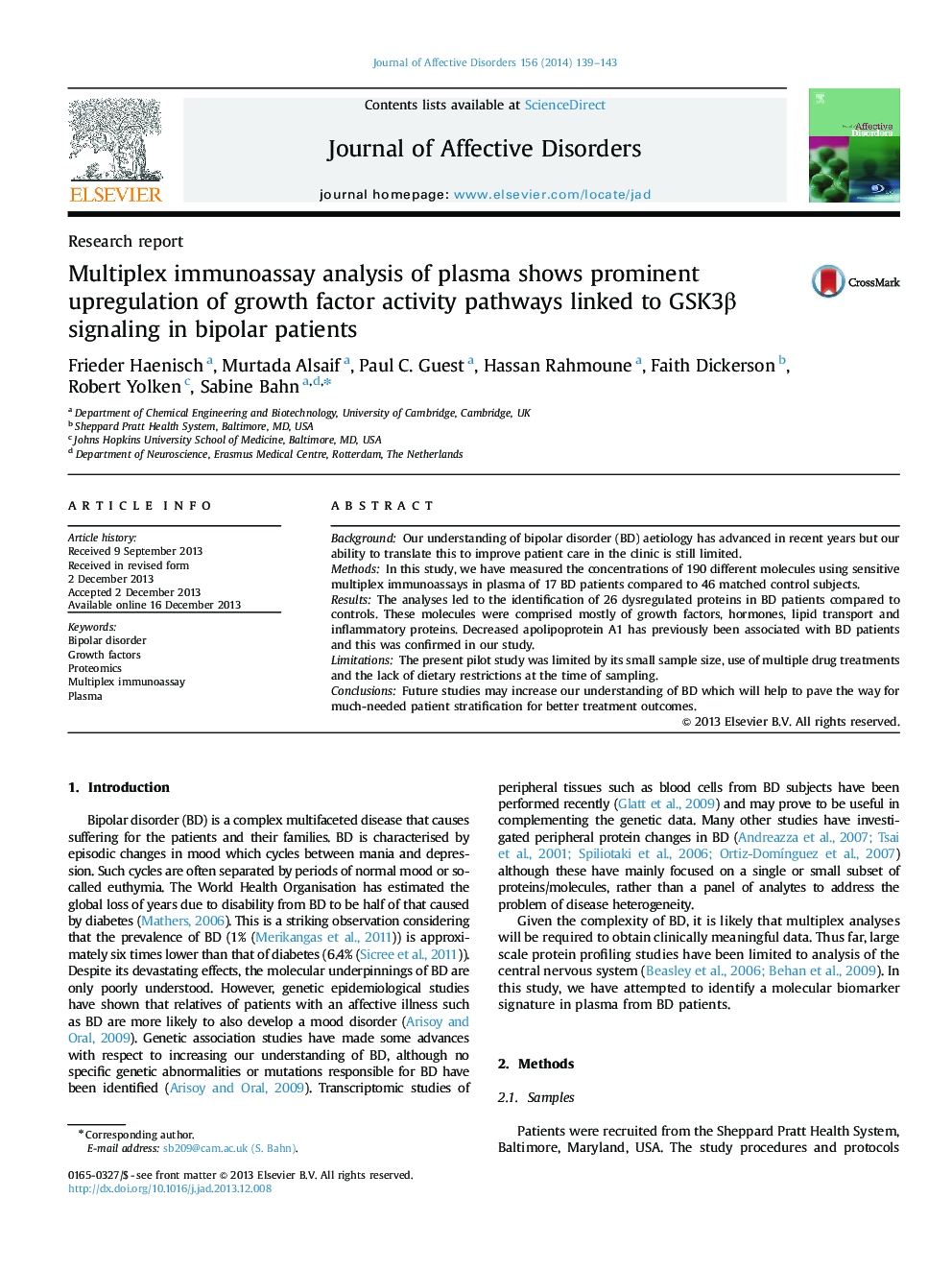 Multiplex immunoassay analysis of plasma shows prominent upregulation of growth factor activity pathways linked to GSK3Î² signaling in bipolar patients