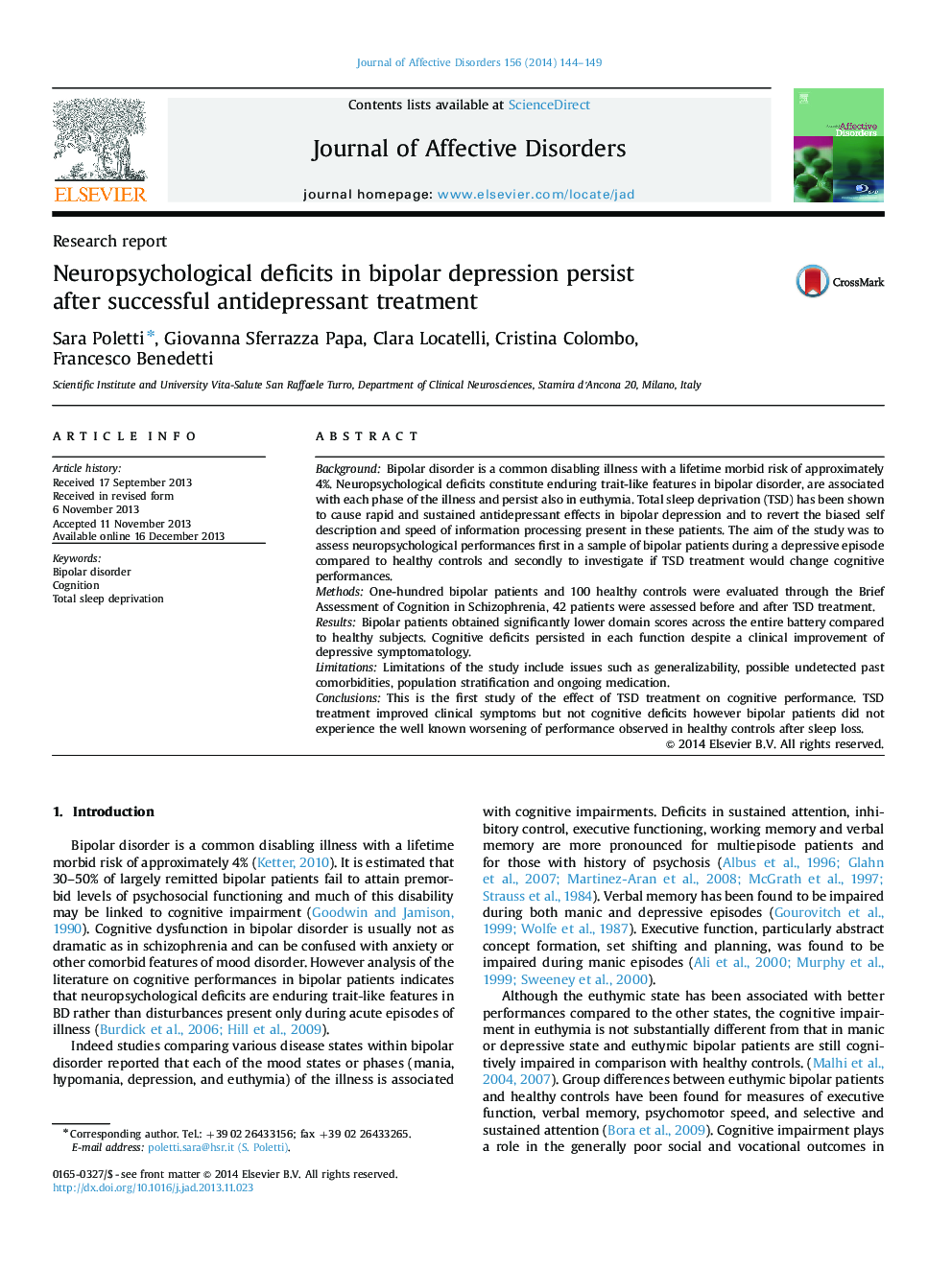 Neuropsychological deficits in bipolar depression persist after successful antidepressant treatment