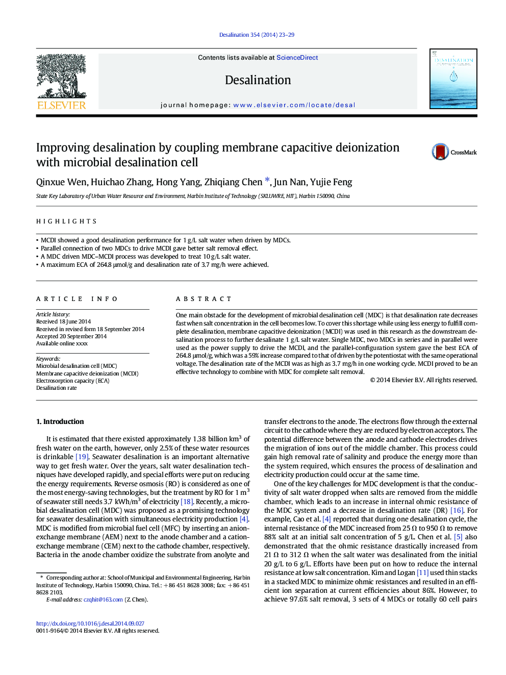 Improving desalination by coupling membrane capacitive deionization with microbial desalination cell