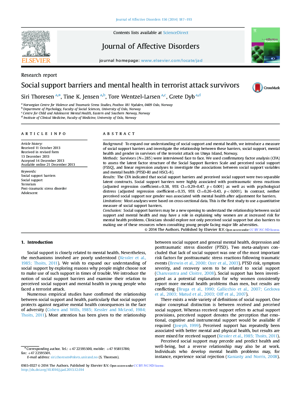 Social support barriers and mental health in terrorist attack survivors