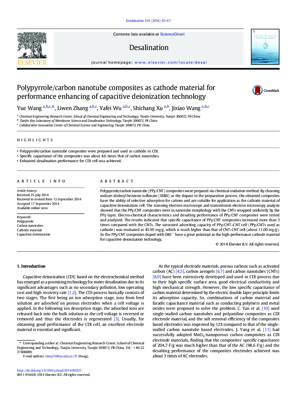 Polypyrrole/carbon nanotube composites as cathode material for performance enhancing of capacitive deionization technology