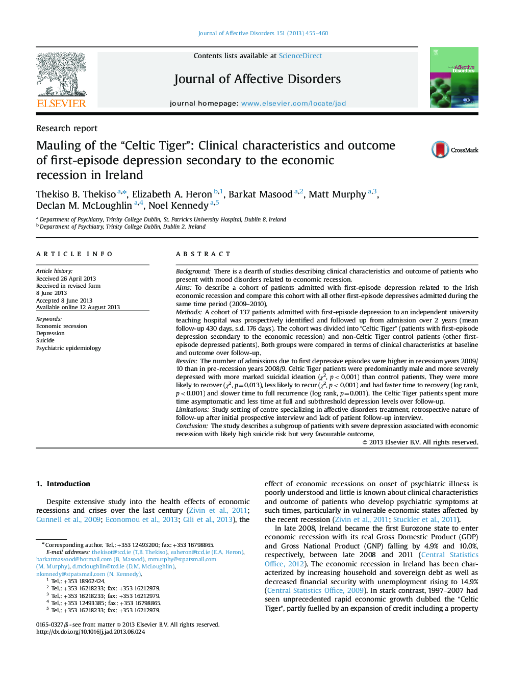 Mauling of the “Celtic Tiger”: Clinical characteristics and outcome of first-episode depression secondary to the economic recession in Ireland