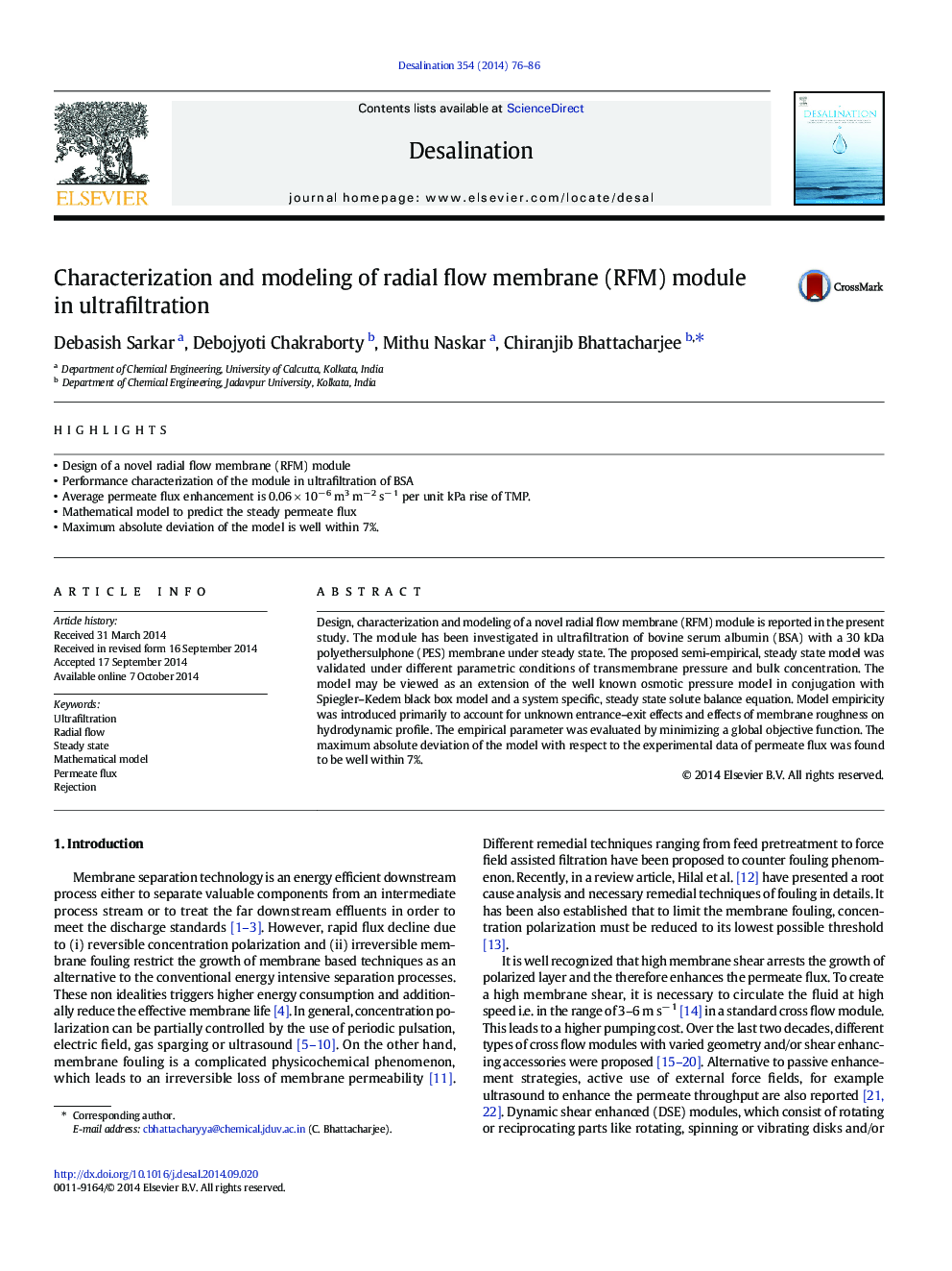 Characterization and modeling of radial flow membrane (RFM) module in ultrafiltration