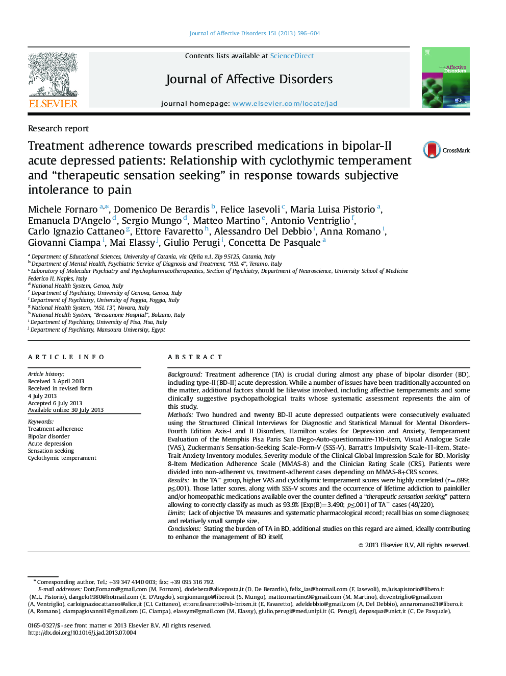 Treatment adherence towards prescribed medications in bipolar-II acute depressed patients: Relationship with cyclothymic temperament and “therapeutic sensation seeking” in response towards subjective intolerance to pain