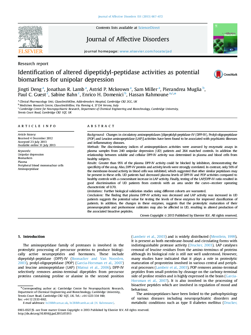 Identification of altered dipeptidyl-peptidase activities as potential biomarkers for unipolar depression