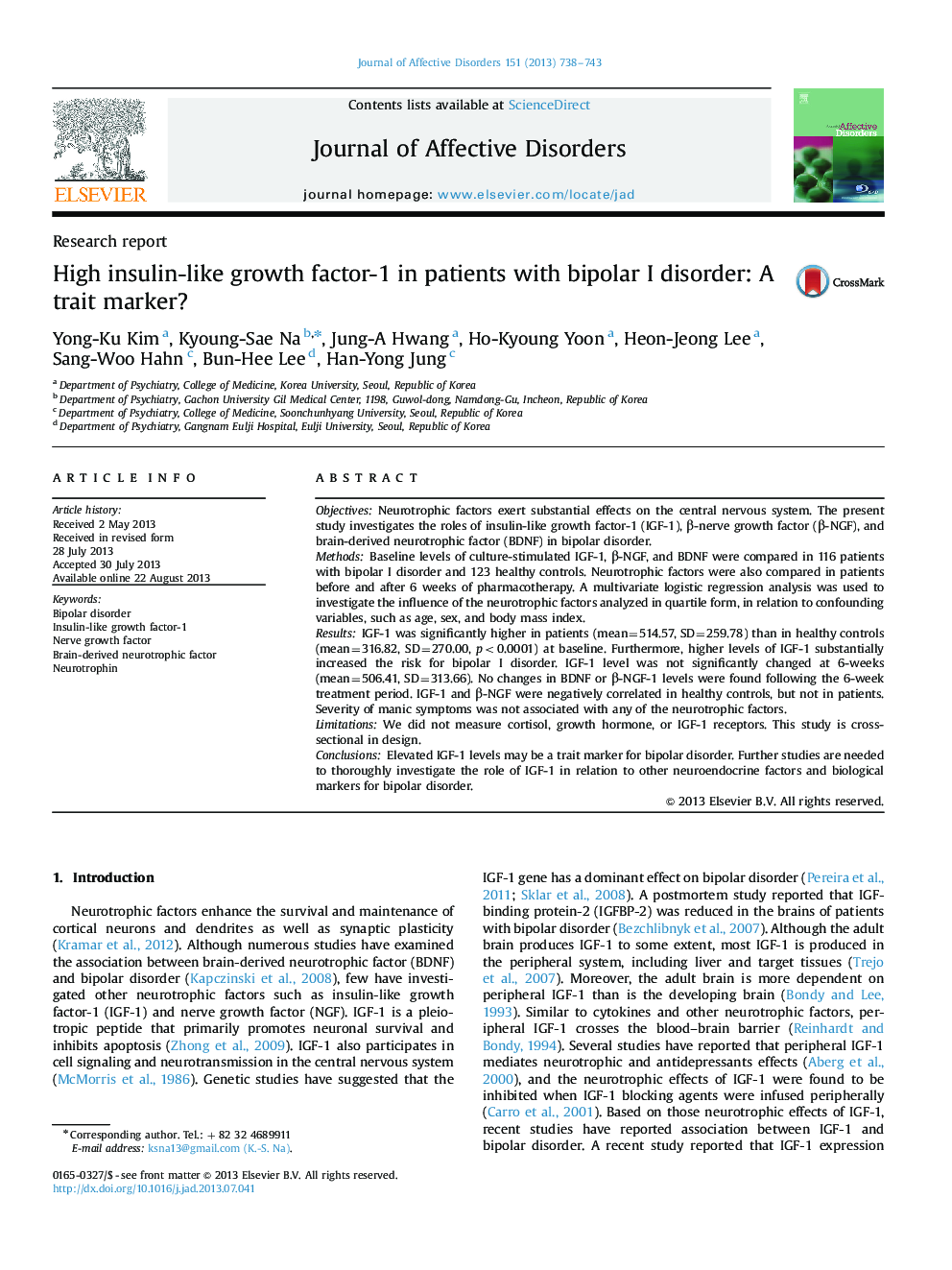 High insulin-like growth factor-1 in patients with bipolar I disorder: A trait marker?