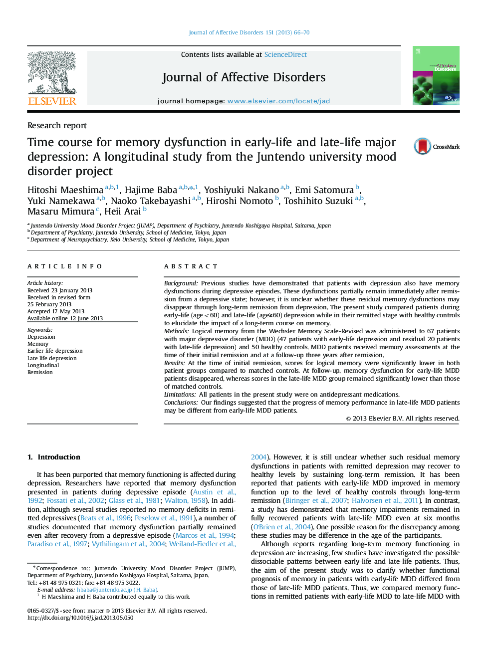 Time course for memory dysfunction in early-life and late-life major depression: A longitudinal study from the Juntendo university mood disorder project