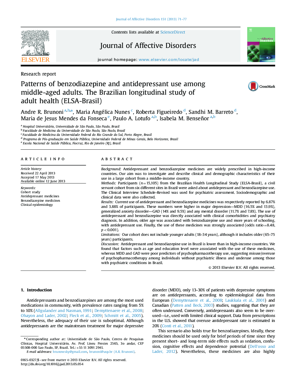 Patterns of benzodiazepine and antidepressant use among middle-aged adults. The Brazilian longitudinal study of adult health (ELSA-Brasil)