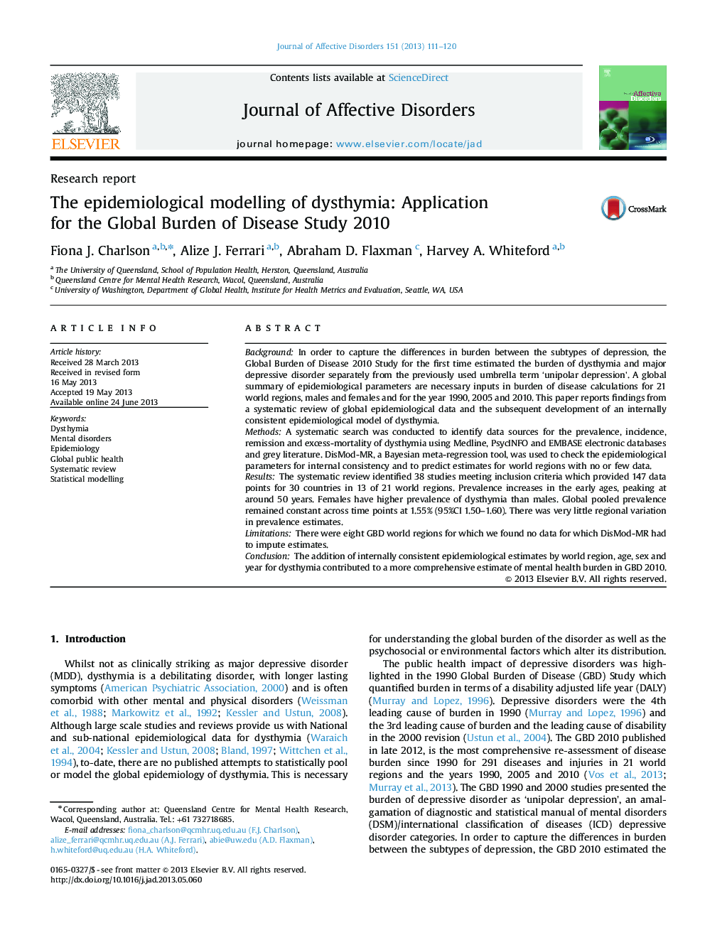 The epidemiological modelling of dysthymia: Application for the Global Burden of Disease Study 2010