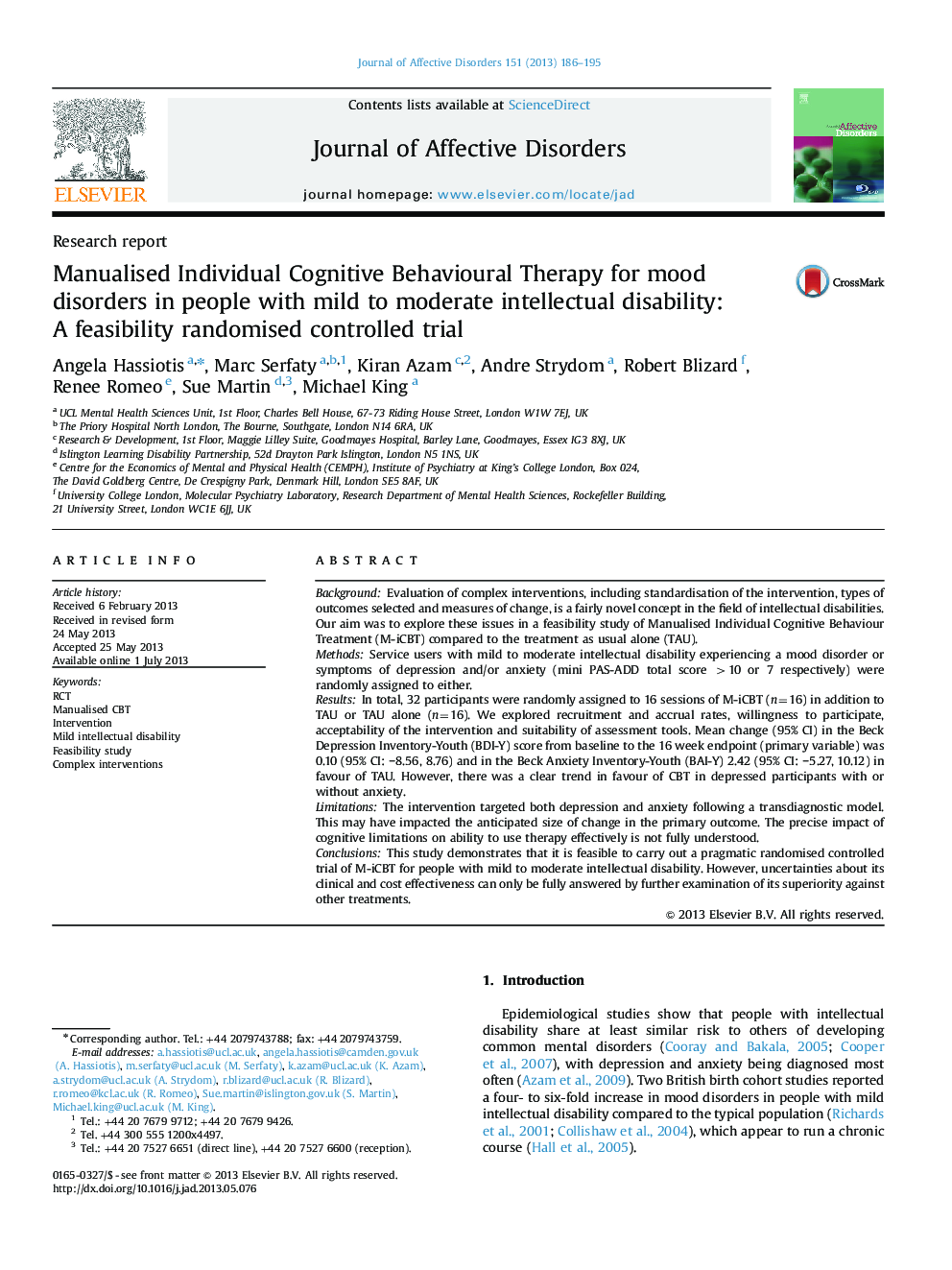 Manualised Individual Cognitive Behavioural Therapy for mood disorders in people with mild to moderate intellectual disability: A feasibility randomised controlled trial