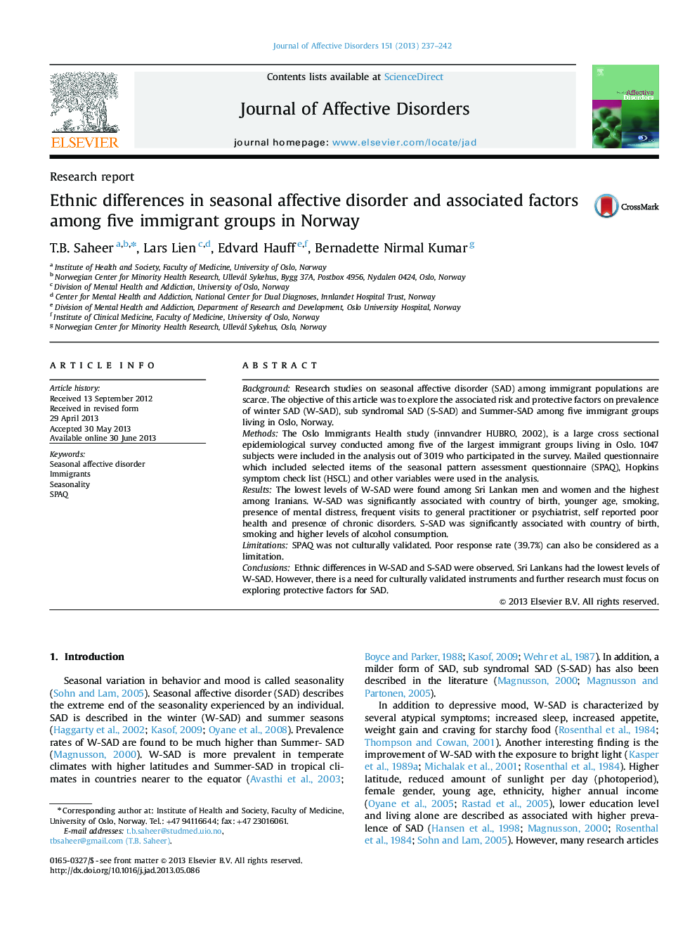 Ethnic differences in seasonal affective disorder and associated factors among five immigrant groups in Norway