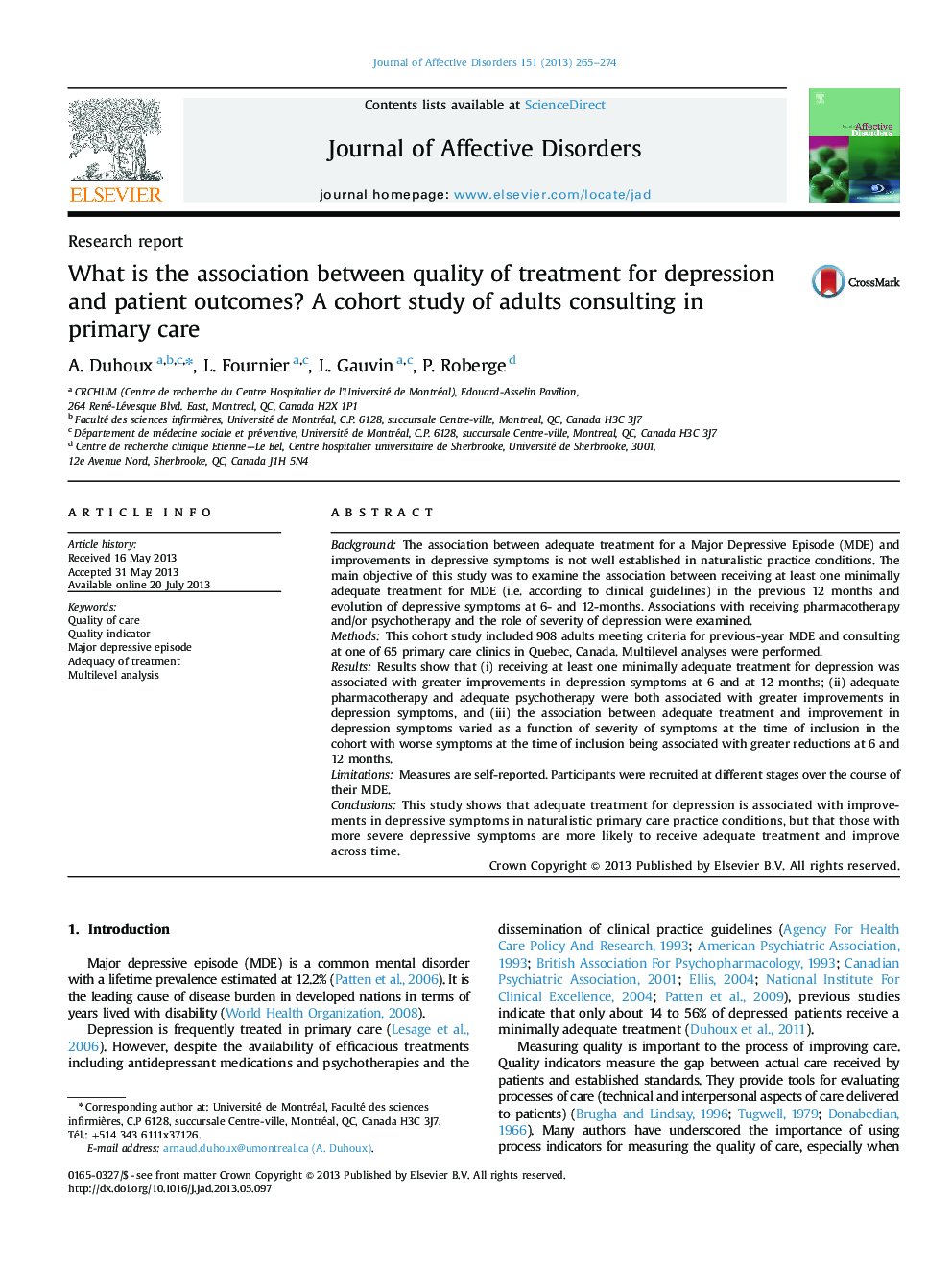 What is the association between quality of treatment for depression and patient outcomes? A cohort study of adults consulting in primary care