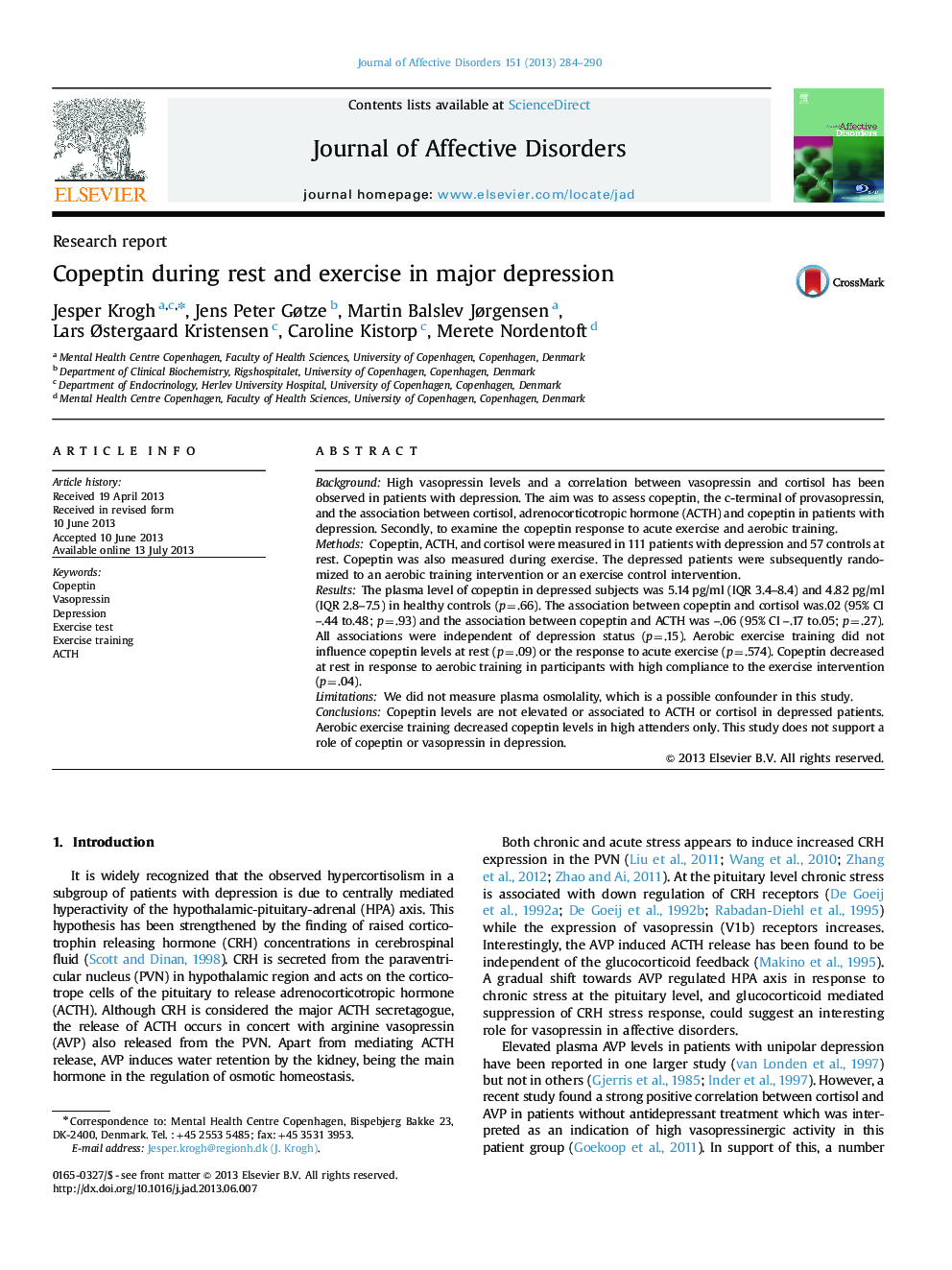 Copeptin during rest and exercise in major depression