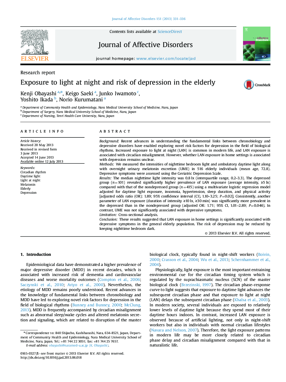 Exposure to light at night and risk of depression in the elderly