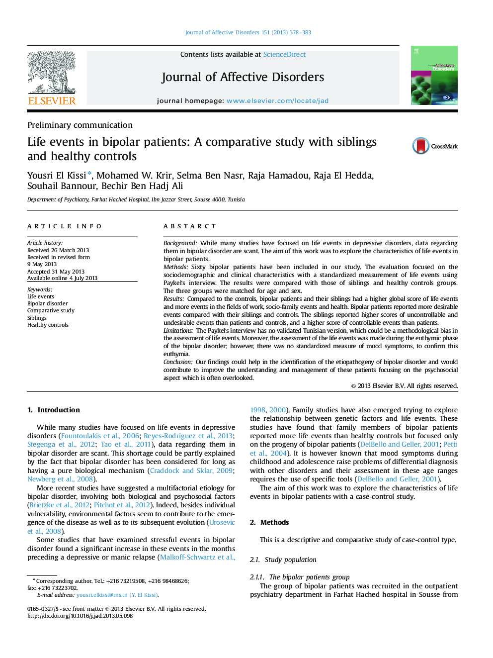 Life events in bipolar patients: A comparative study with siblings and healthy controls