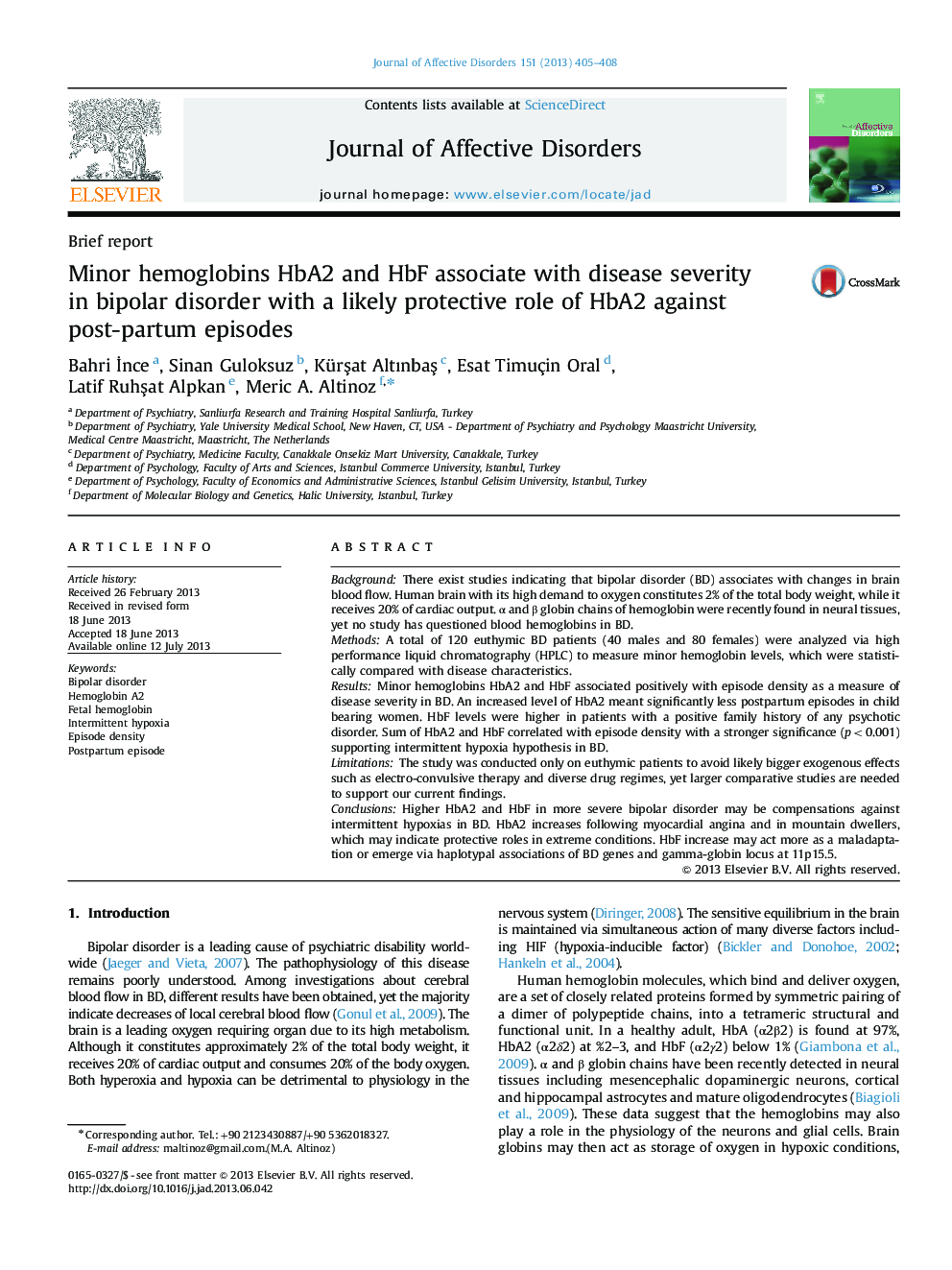 Minor hemoglobins HbA2 and HbF associate with disease severity in bipolar disorder with a likely protective role of HbA2 against post-partum episodes