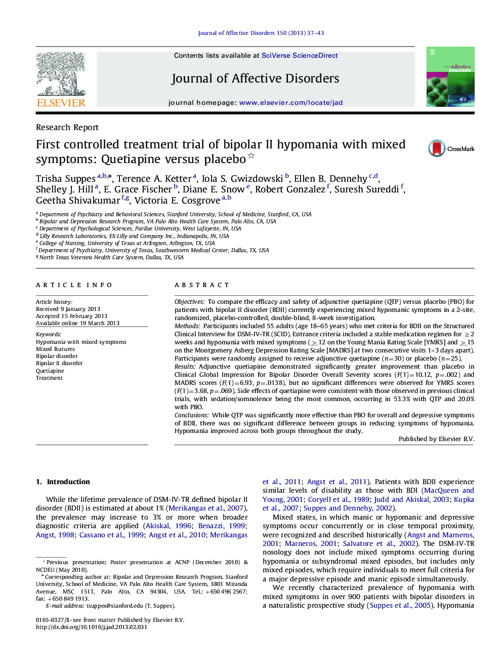 First controlled treatment trial of bipolar II hypomania with mixed symptoms: Quetiapine versus placebo