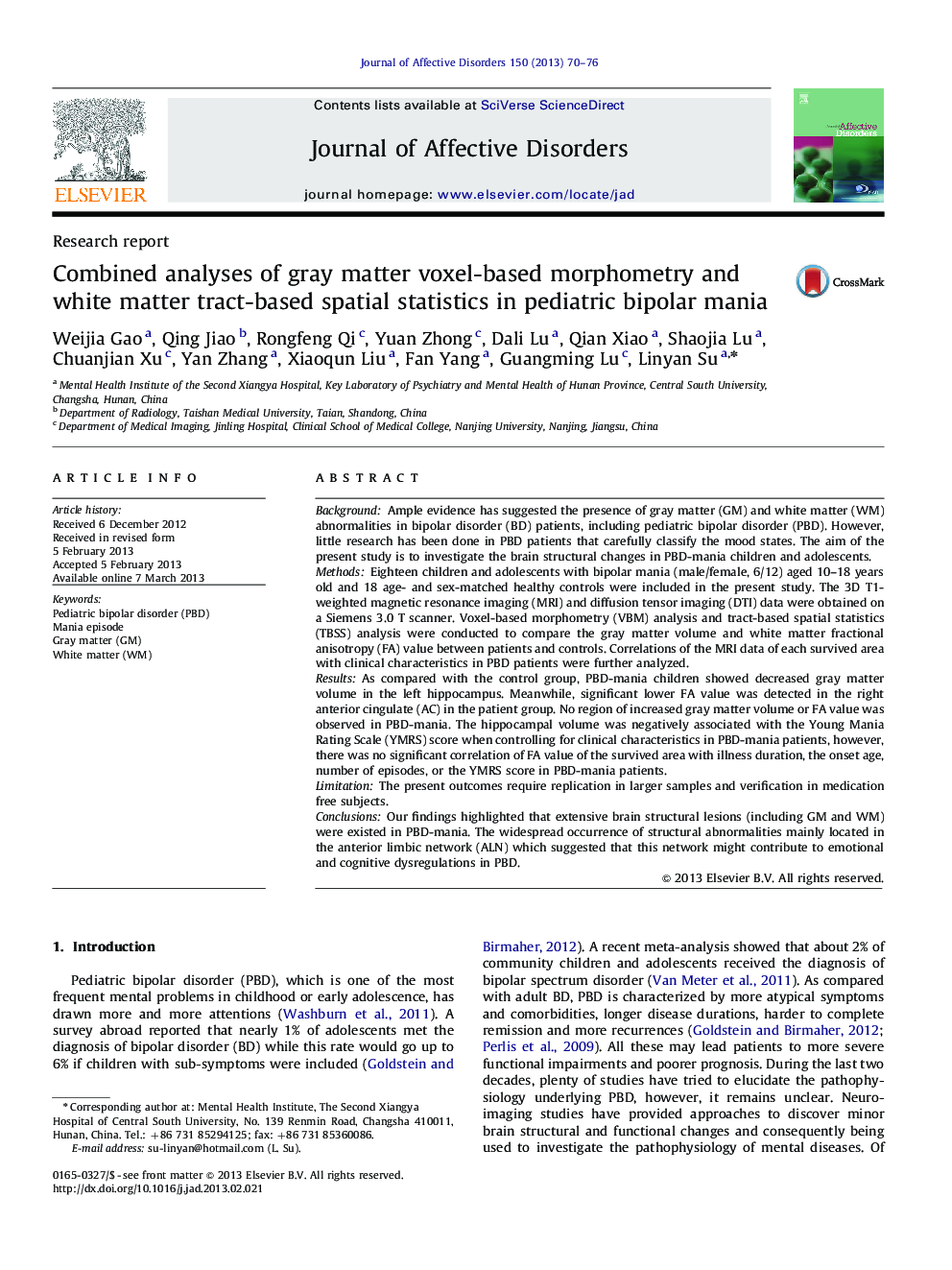 Combined analyses of gray matter voxel-based morphometry and white matter tract-based spatial statistics in pediatric bipolar mania