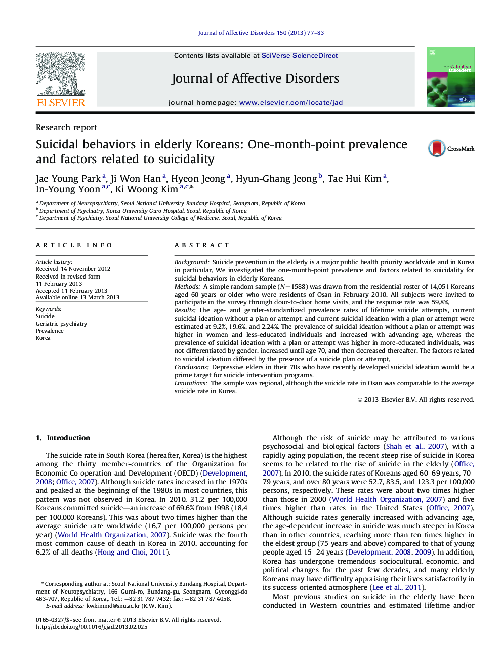 Suicidal behaviors in elderly Koreans: One-month-point prevalence and factors related to suicidality