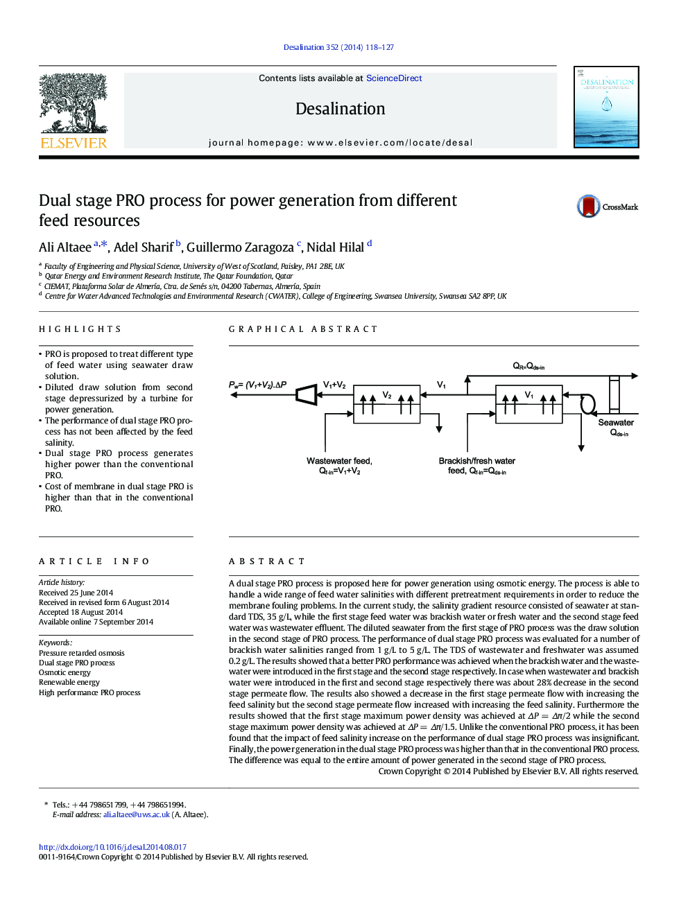 Dual stage PRO process for power generation from different feed resources