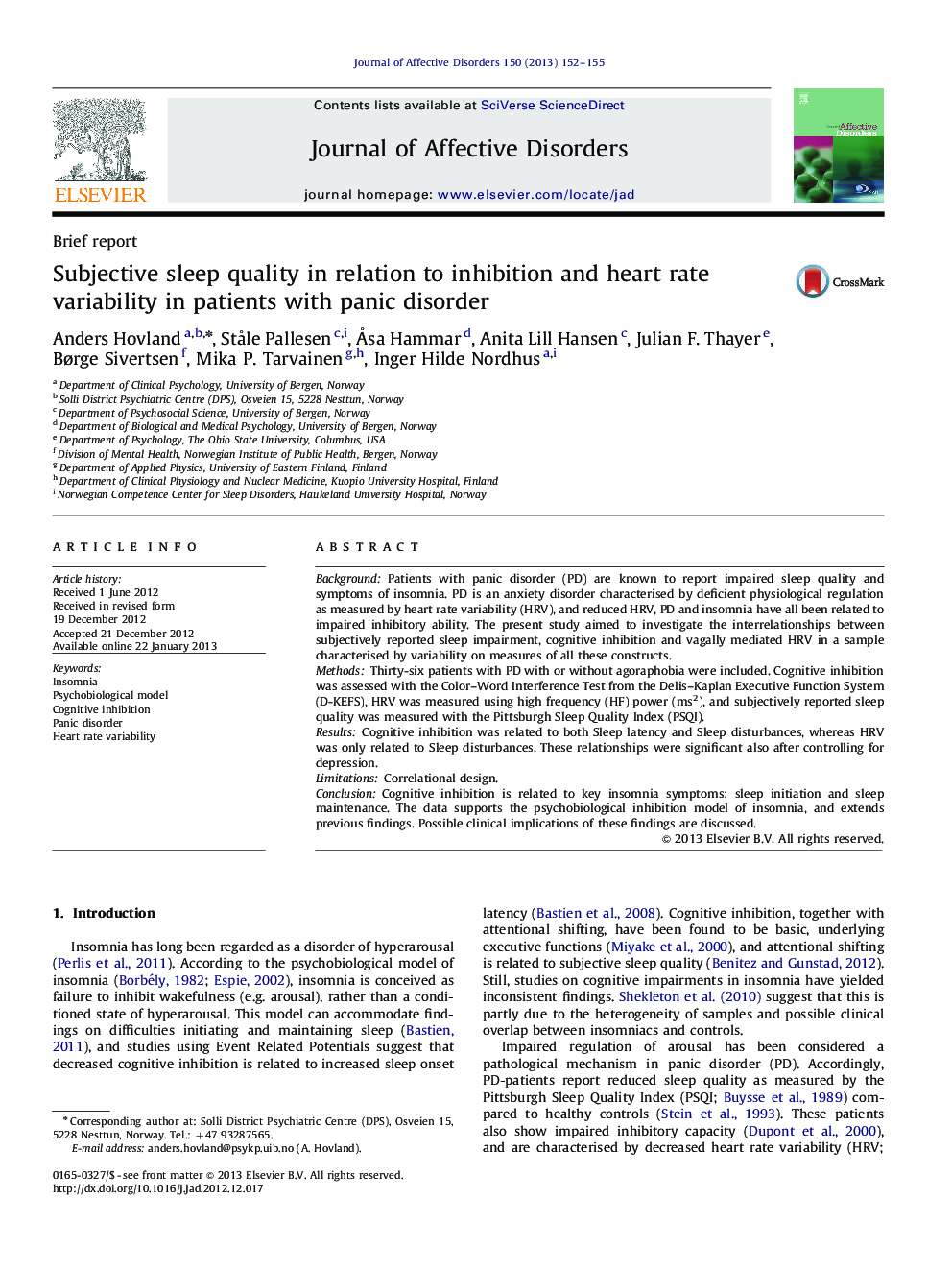 Subjective sleep quality in relation to inhibition and heart rate variability in patients with panic disorder