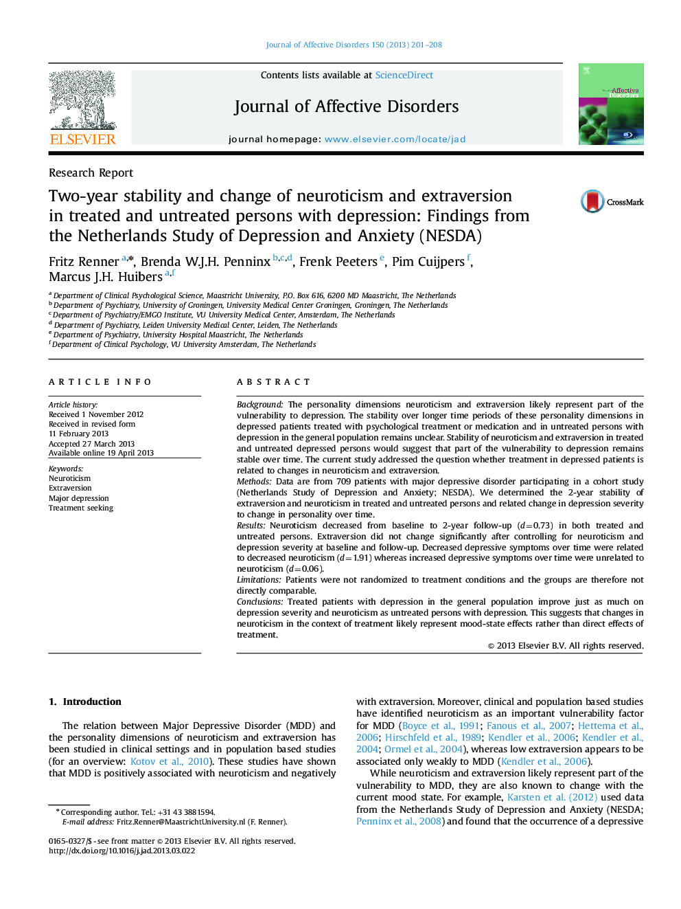 Two-year stability and change of neuroticism and extraversion in treated and untreated persons with depression: Findings from the Netherlands Study of Depression and Anxiety (NESDA)