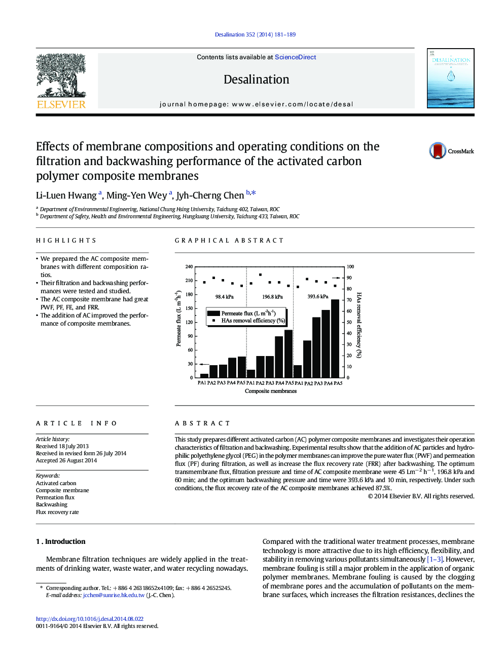 Effects of membrane compositions and operating conditions on the filtration and backwashing performance of the activated carbon polymer composite membranes