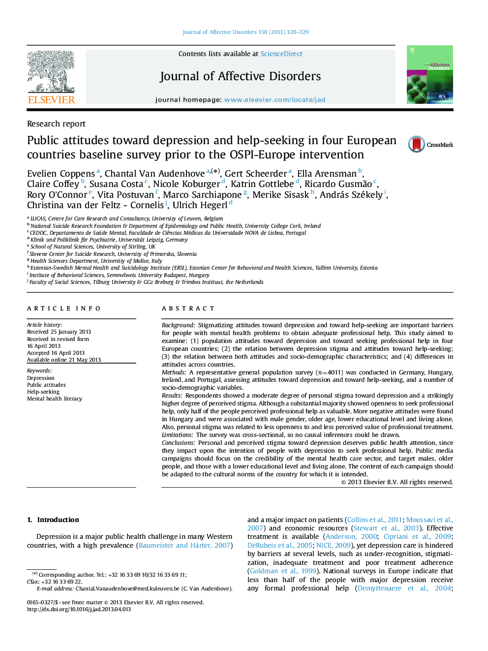 Public attitudes toward depression and help-seeking in four European countries baseline survey prior to the OSPI-Europe intervention