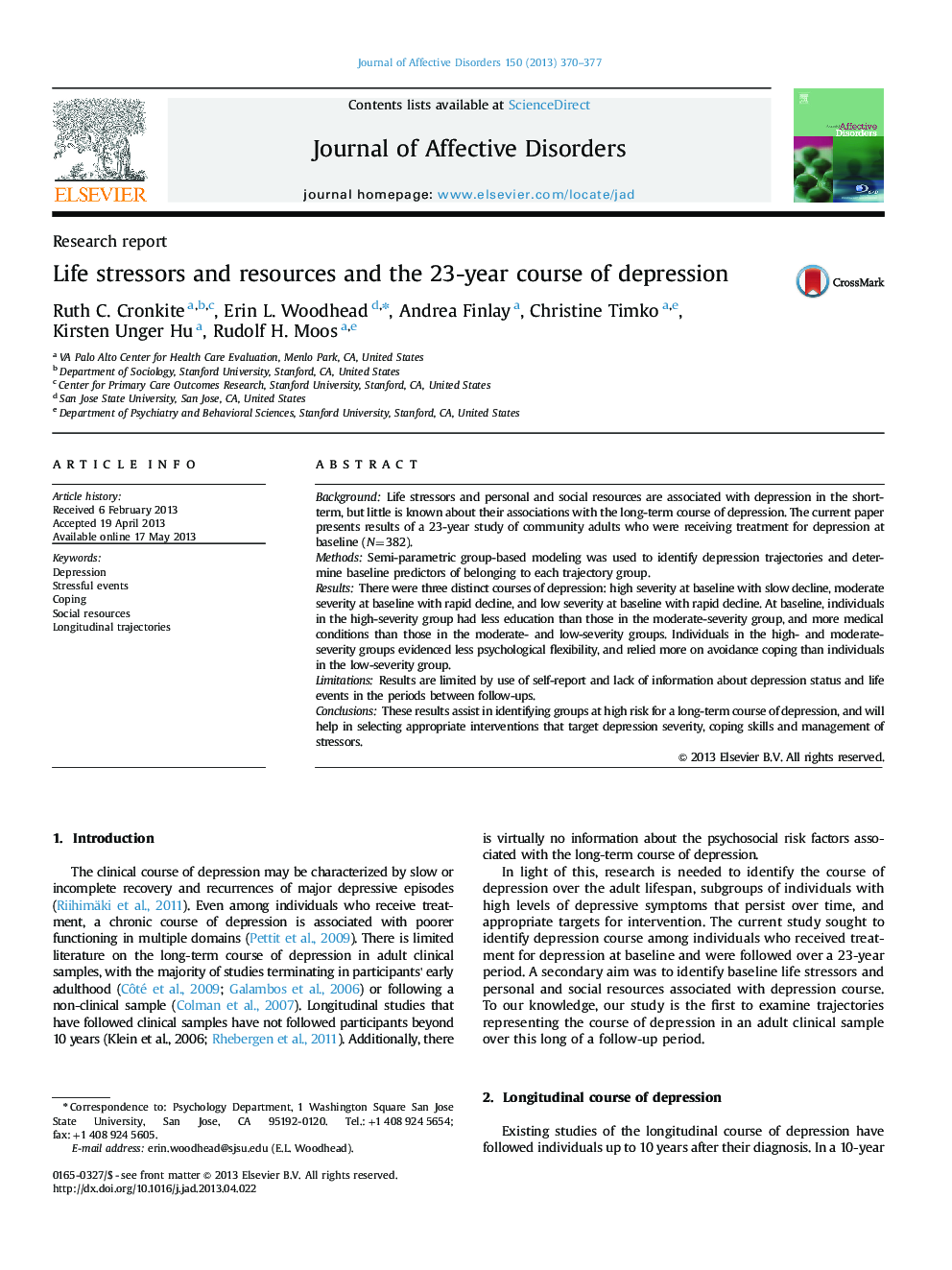 Research reportLife stressors and resources and the 23-year course of depression