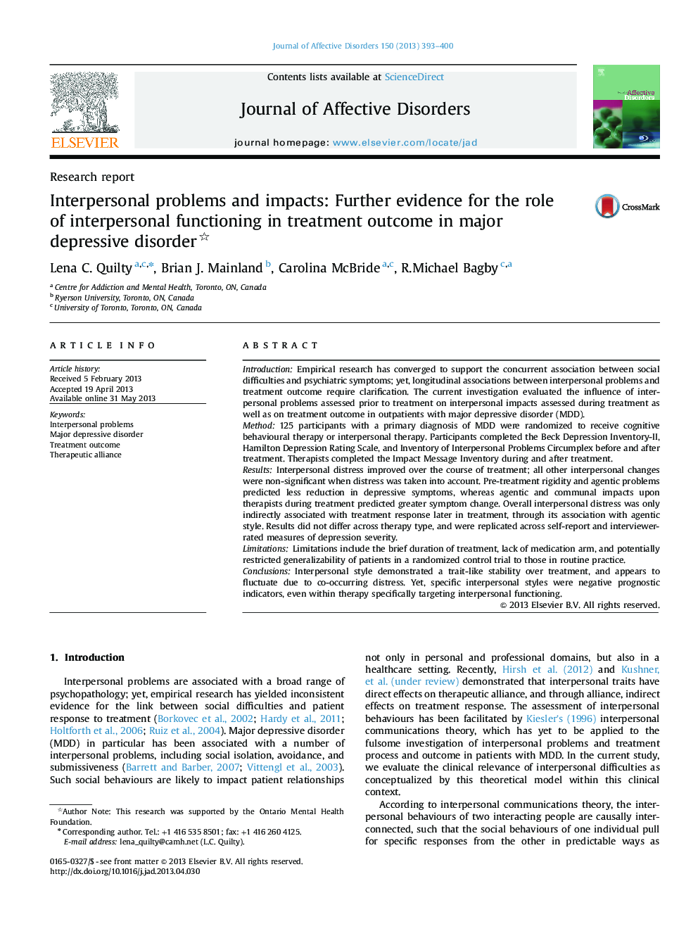 Interpersonal problems and impacts: Further evidence for the role of interpersonal functioning in treatment outcome in major depressive disorder