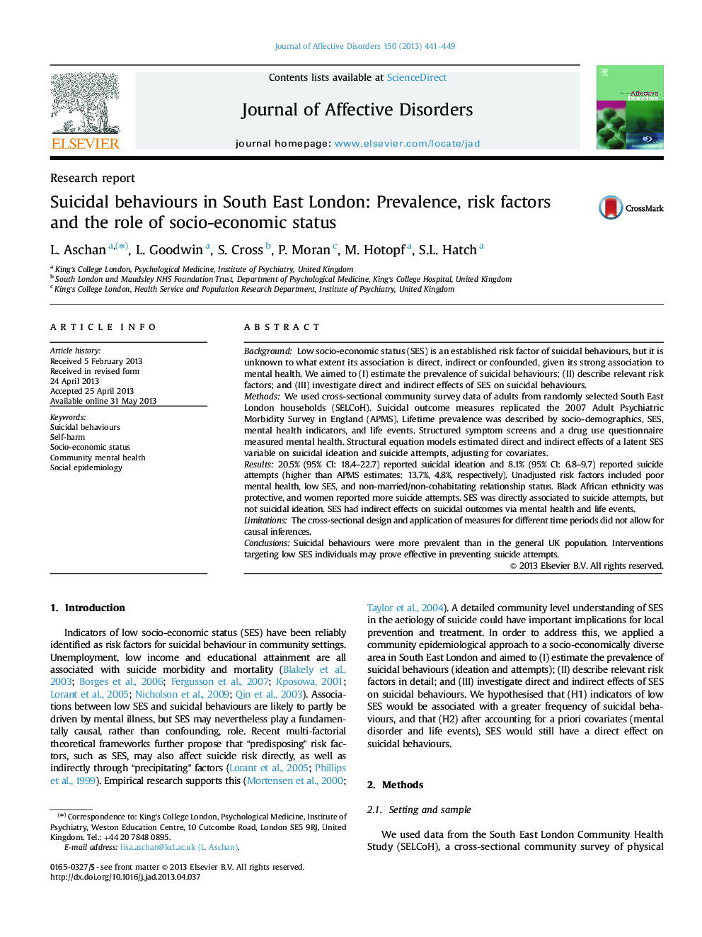 Suicidal behaviours in South East London: Prevalence, risk factors and the role of socio-economic status