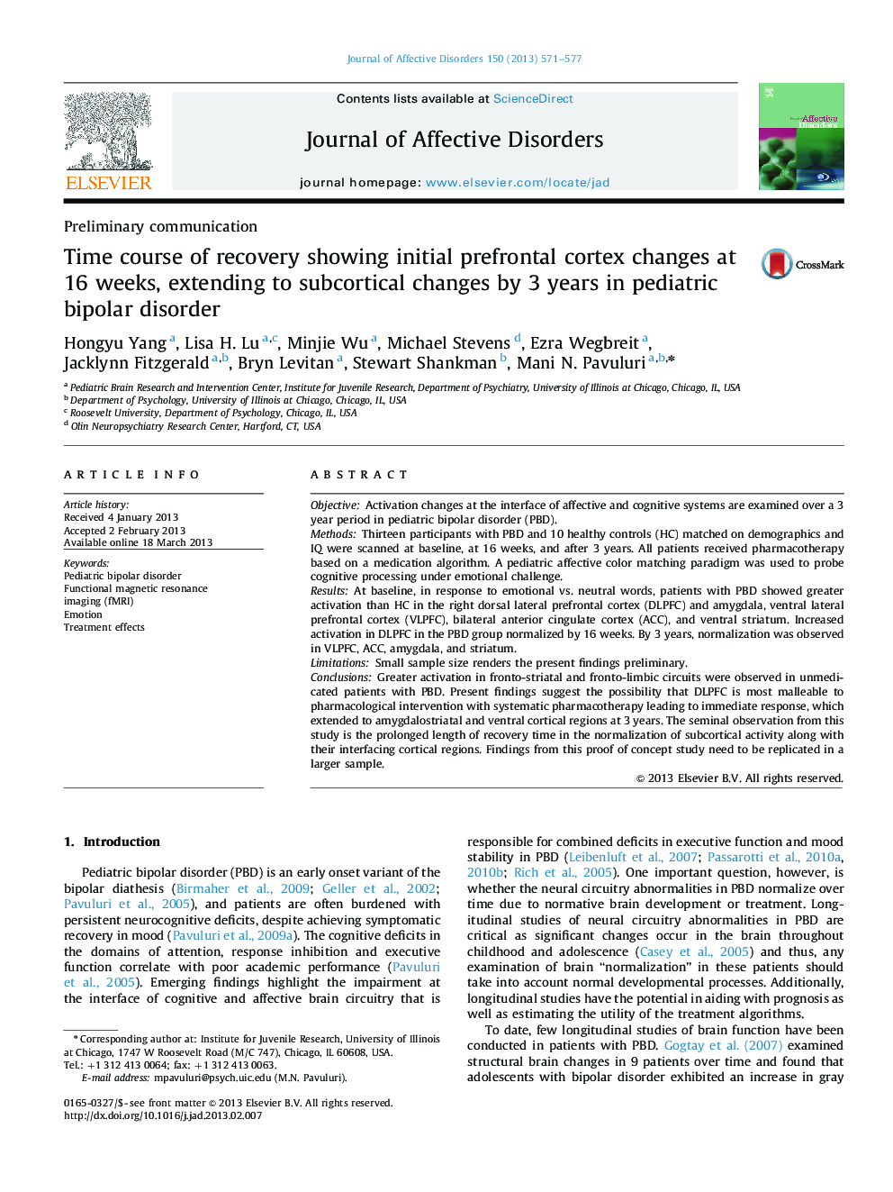 Time course of recovery showing initial prefrontal cortex changes at 16 weeks, extending to subcortical changes by 3 years in pediatric bipolar disorder