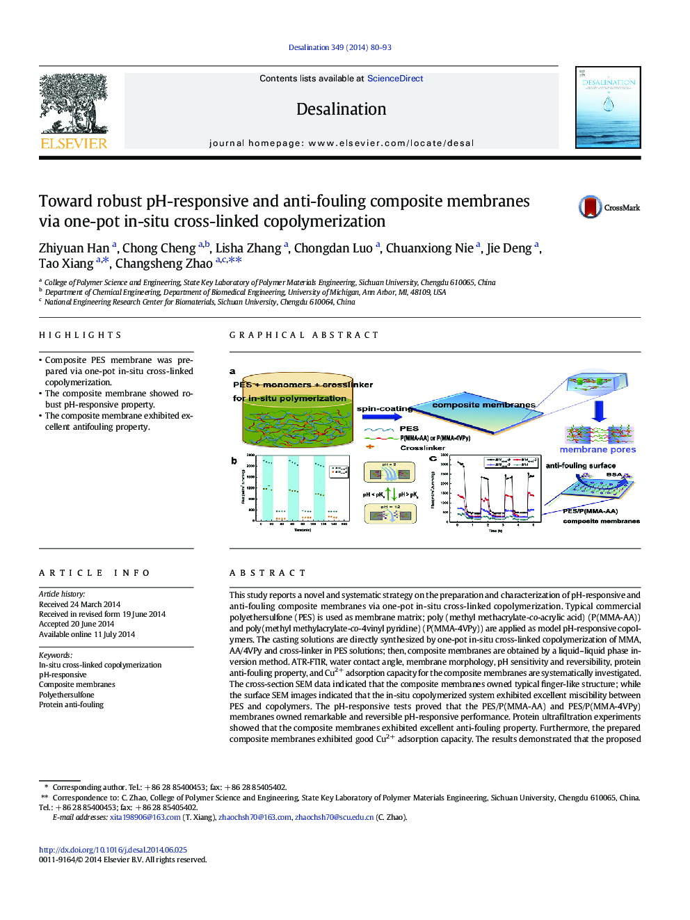 Toward robust pH-responsive and anti-fouling composite membranes via one-pot in-situ cross-linked copolymerization