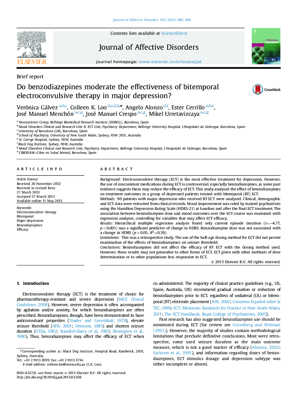 Do benzodiazepines moderate the effectiveness of bitemporal electroconvulsive therapy in major depression?