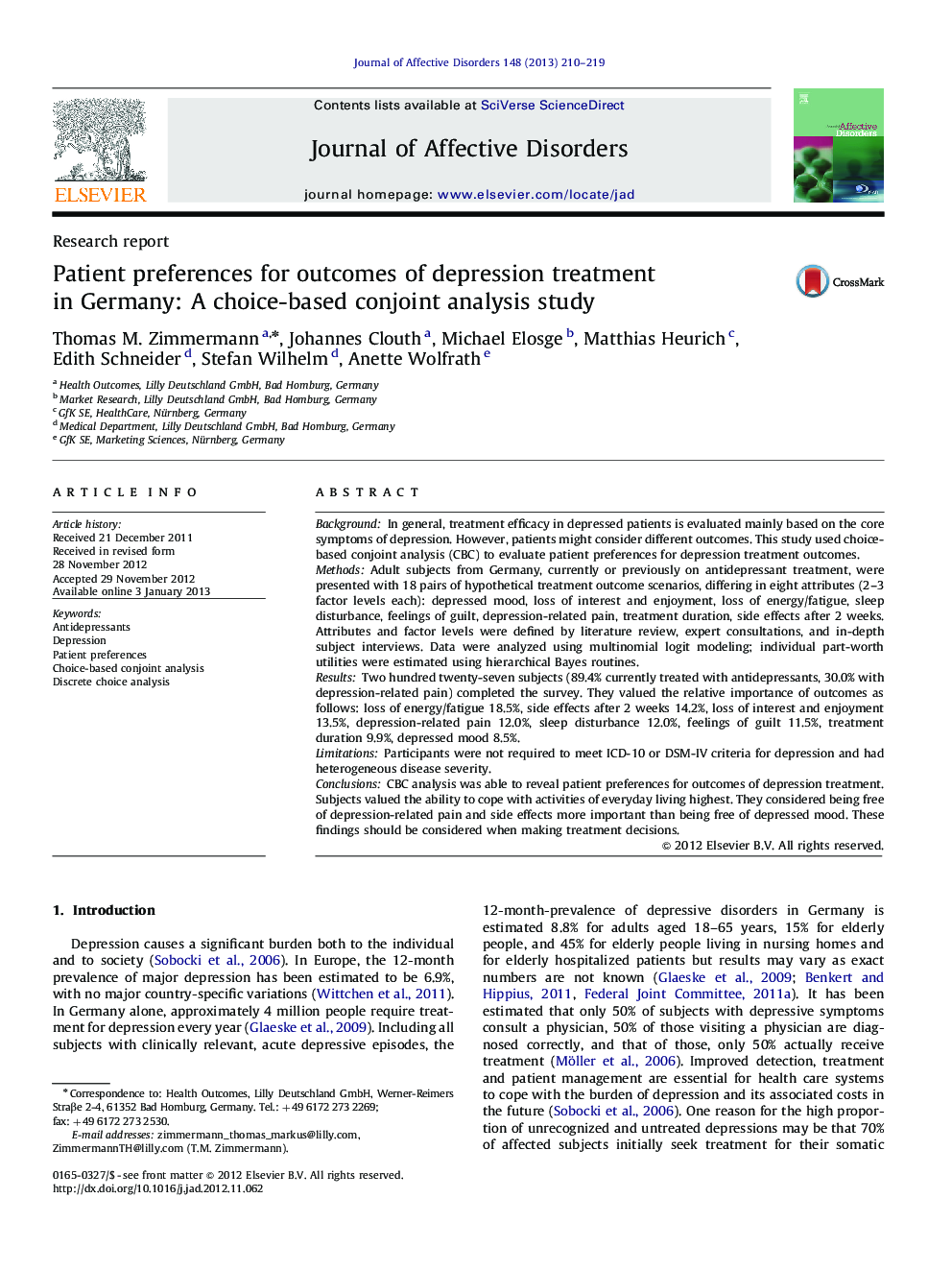 Patient preferences for outcomes of depression treatment in Germany: A choice-based conjoint analysis study