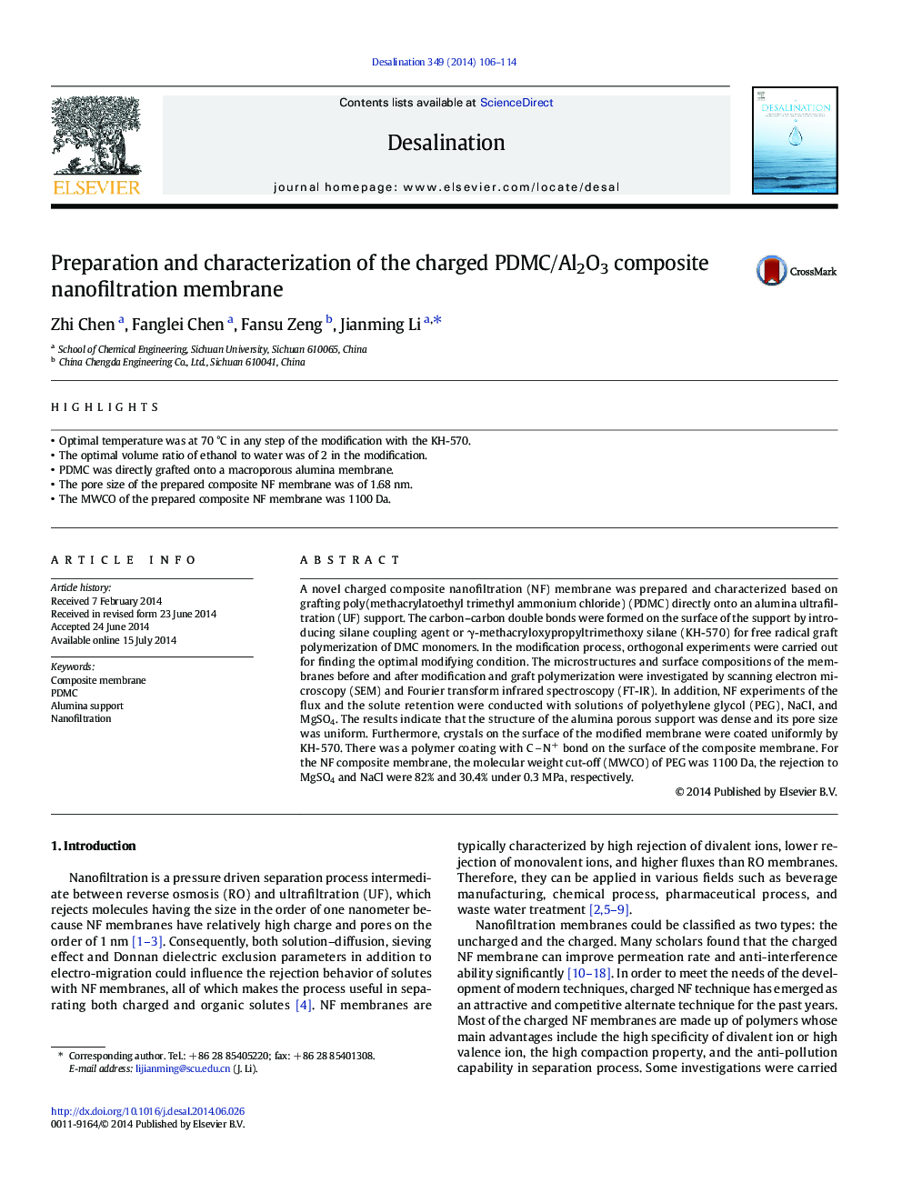 Preparation and characterization of the charged PDMC/Al2O3 composite nanofiltration membrane