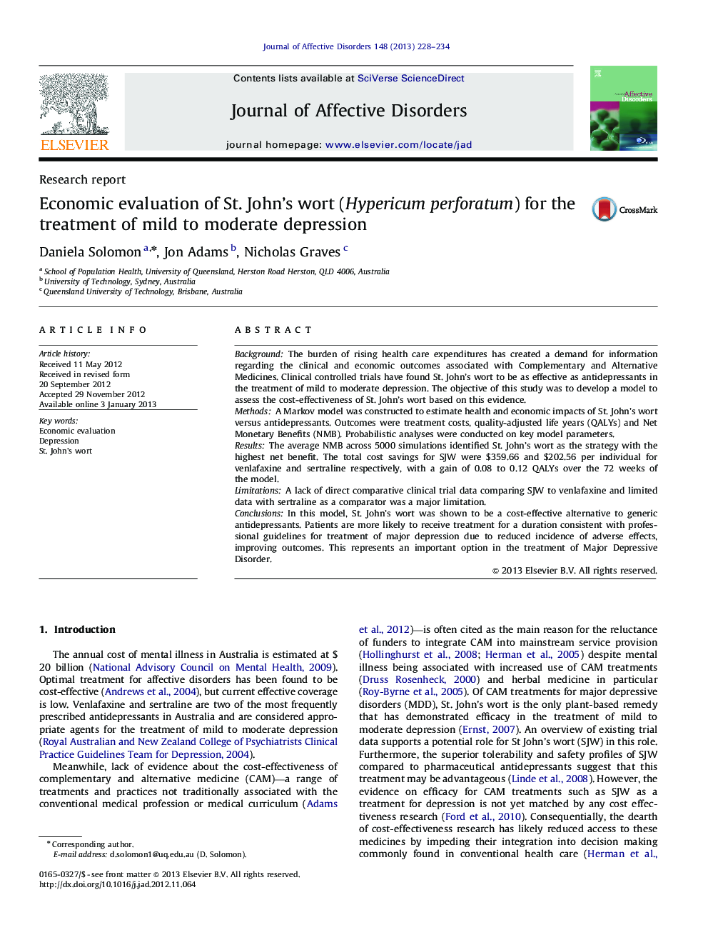 Economic evaluation of St. John's wort (Hypericum perforatum) for the treatment of mild to moderate depression