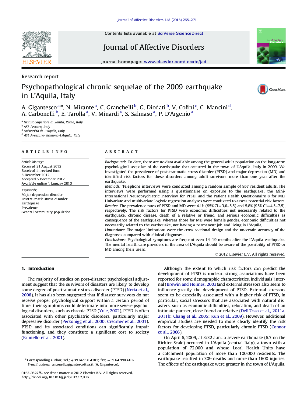 Psychopathological chronic sequelae of the 2009 earthquake in L'Aquila, Italy