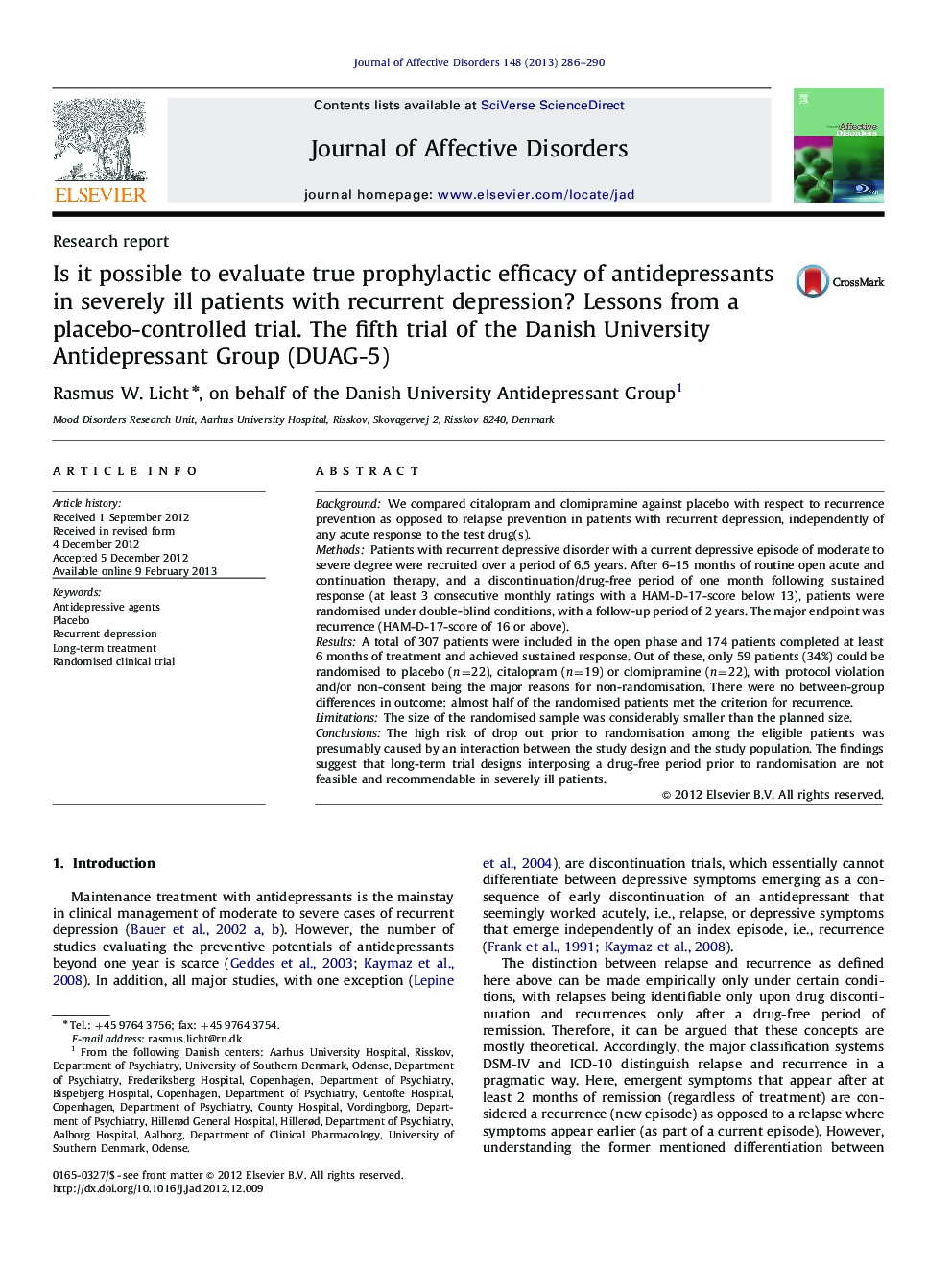 Is it possible to evaluate true prophylactic efficacy of antidepressants in severely ill patients with recurrent depression? Lessons from a placebo-controlled trial. The fifth trial of the Danish University Antidepressant Group (DUAG-5)