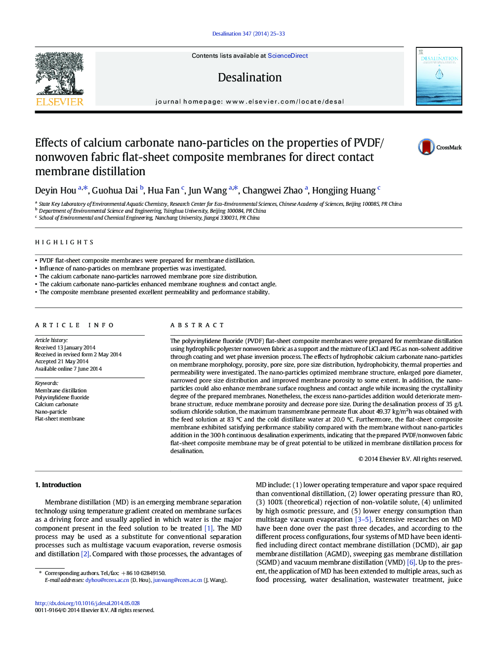 Effects of calcium carbonate nano-particles on the properties of PVDF/nonwoven fabric flat-sheet composite membranes for direct contact membrane distillation