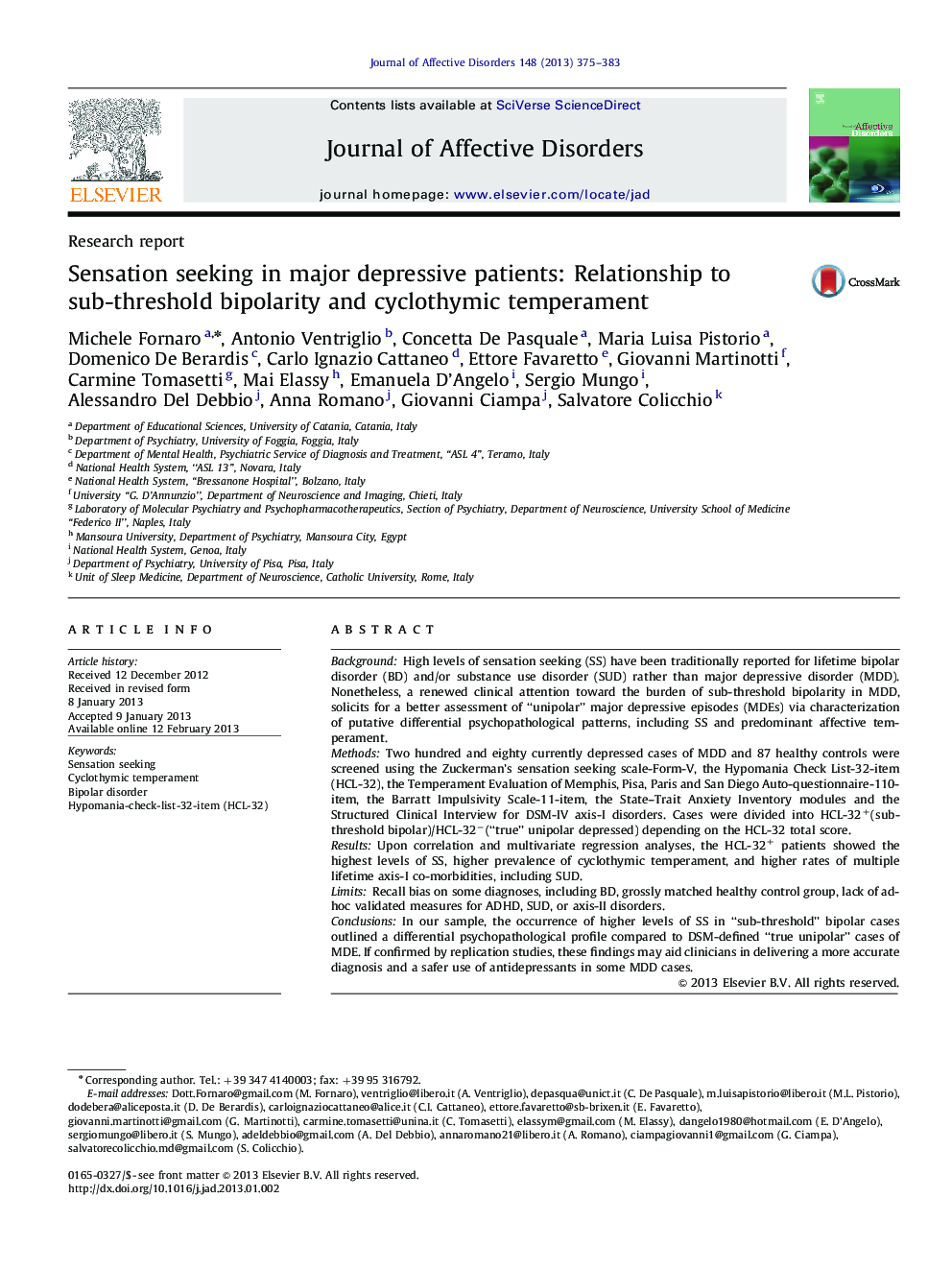 Sensation seeking in major depressive patients: Relationship to sub-threshold bipolarity and cyclothymic temperament