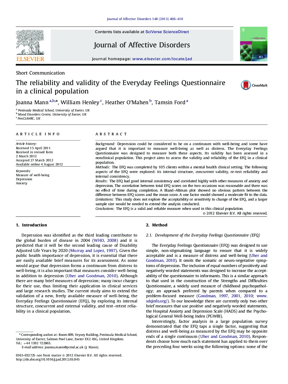 The reliability and validity of the Everyday Feelings Questionnaire in a clinical population